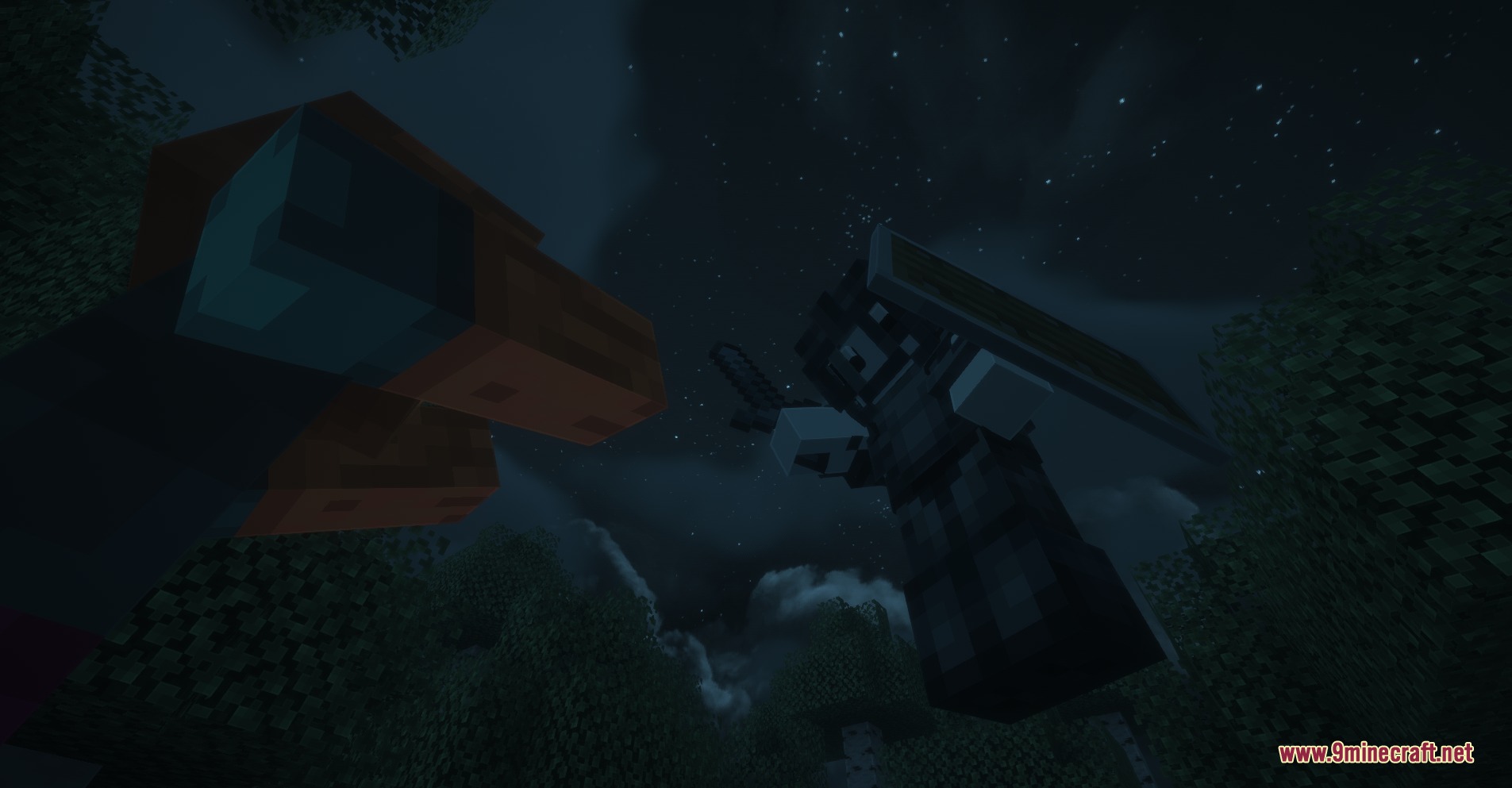 Beyond Netherite Apex Mod Screenshot 3 A player wearing heavy armor battles a large orange creature at night
