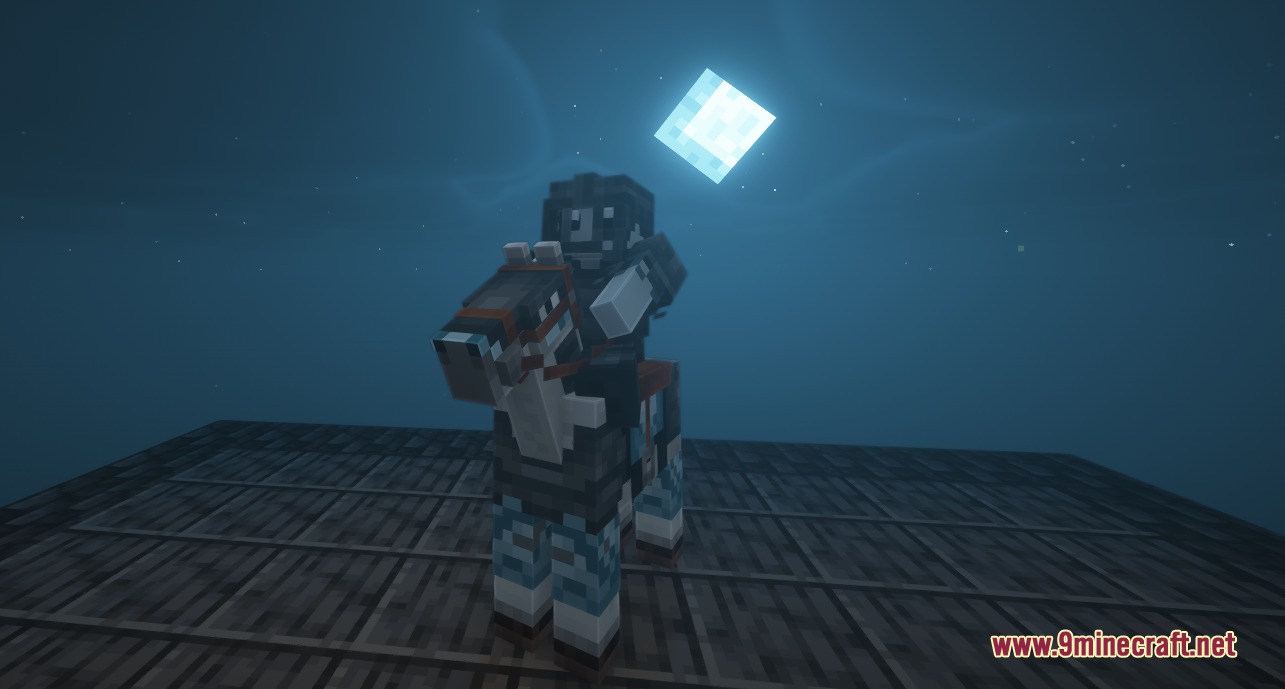 Beyond Netherite Apex Mod Screenshot 5 A player wearing heavy armor riding a horse under the square moon