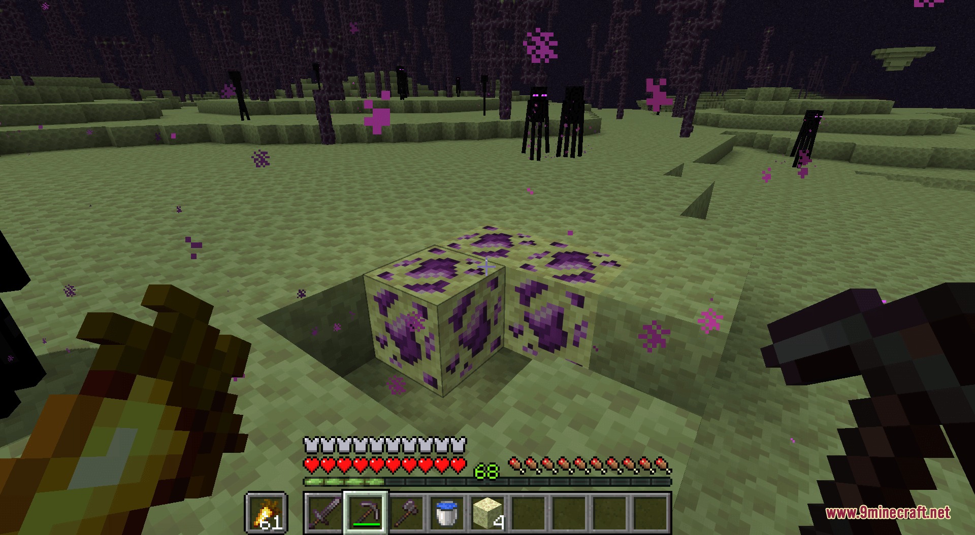 Beyond Netherite End Mod Screenshot 1 A player stands before rare Purpurite End Ore blocks in the End dimension