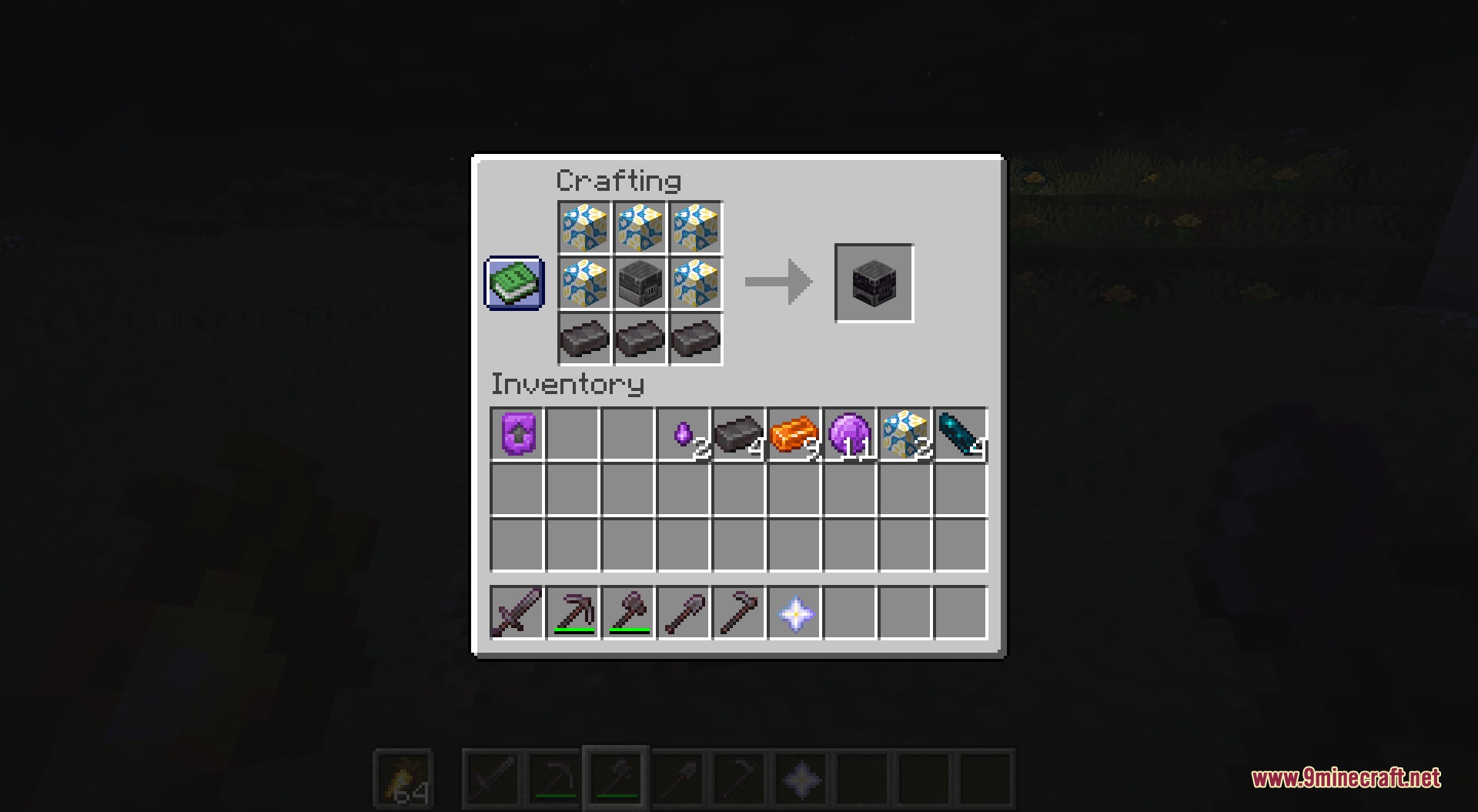 Beyond Netherite End Mod Screenshot 4 Player crafting a Smasher Block using End materials and several Netherite ingots