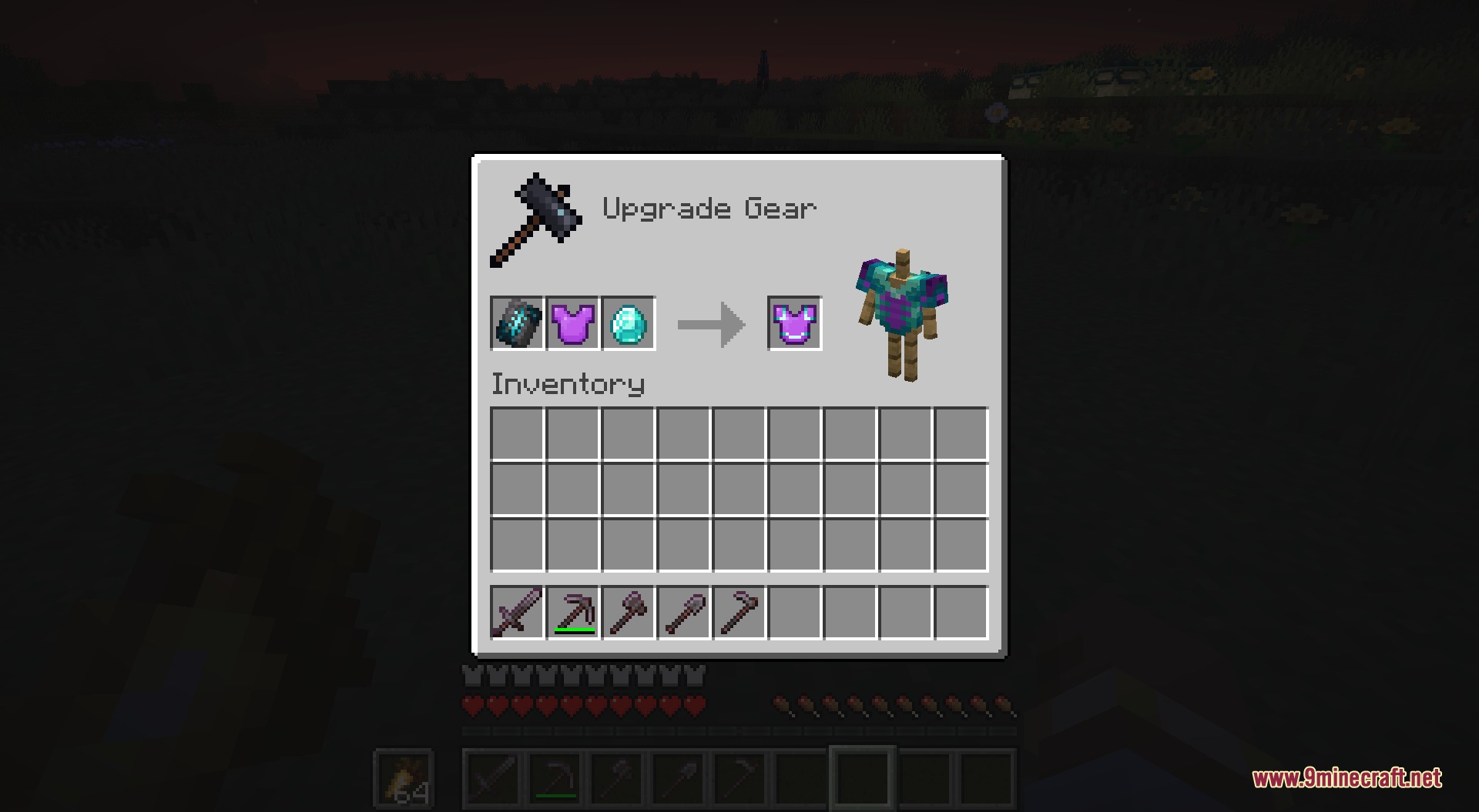 Beyond Netherite End Mod Screenshot 6 Upgrading a netherite chestplate to purpurite gear in the smithing table