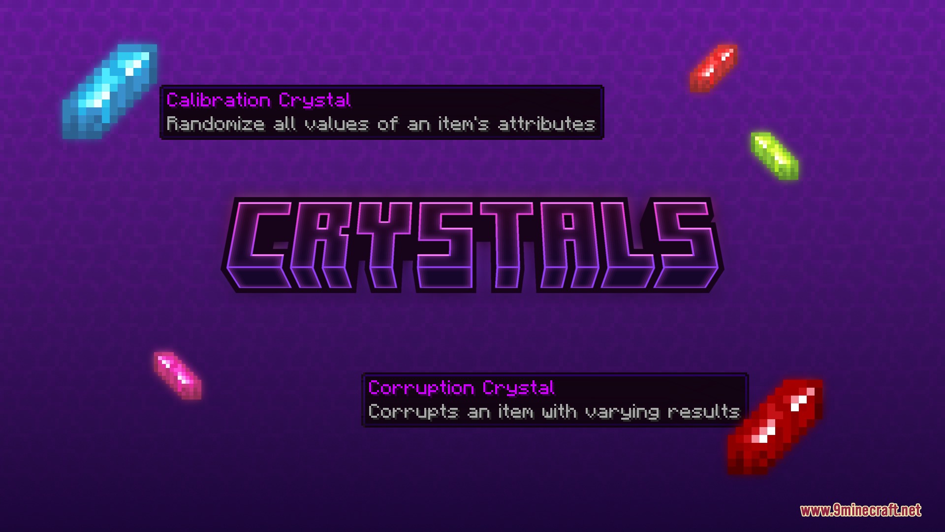 Beyond the Voidbound Mod Screenshot 7 Different types of crystals used to randomize or corrupt item attributes in Minecraft