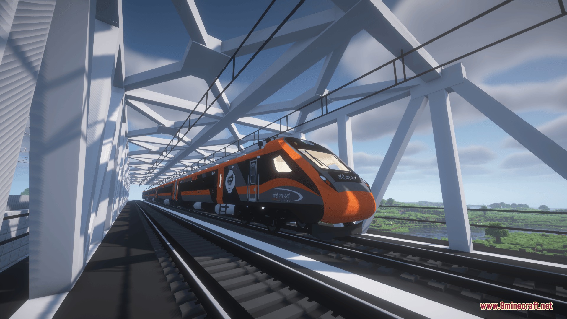 Bharat Rail Transit Resource Pack Screenshot 1 Sleek orange train crossing a white truss bridge with overhead electrical wires