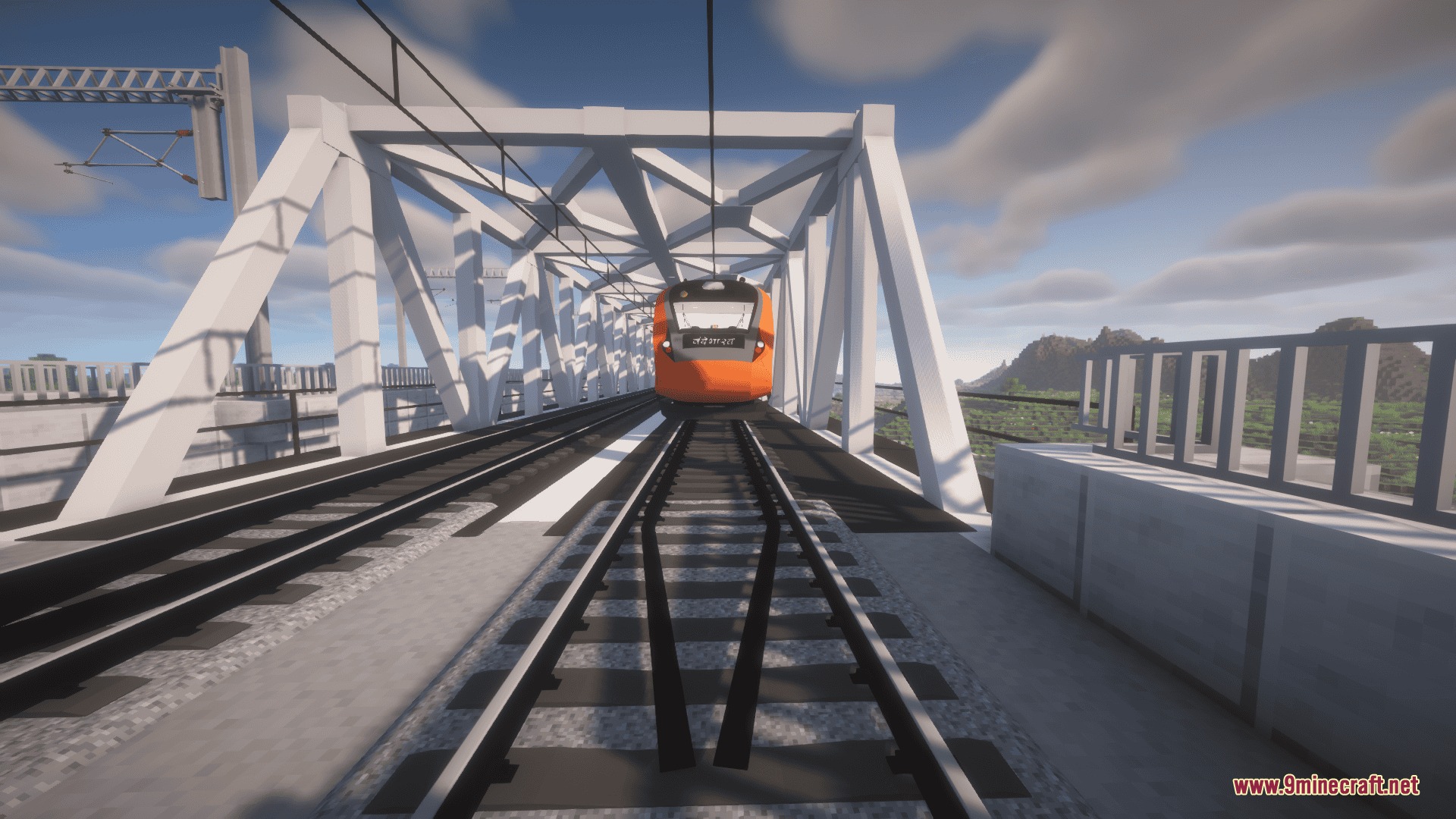 Bharat Rail Transit Resource Pack Screenshot 2 Front view of a modern orange train on a white metal bridge