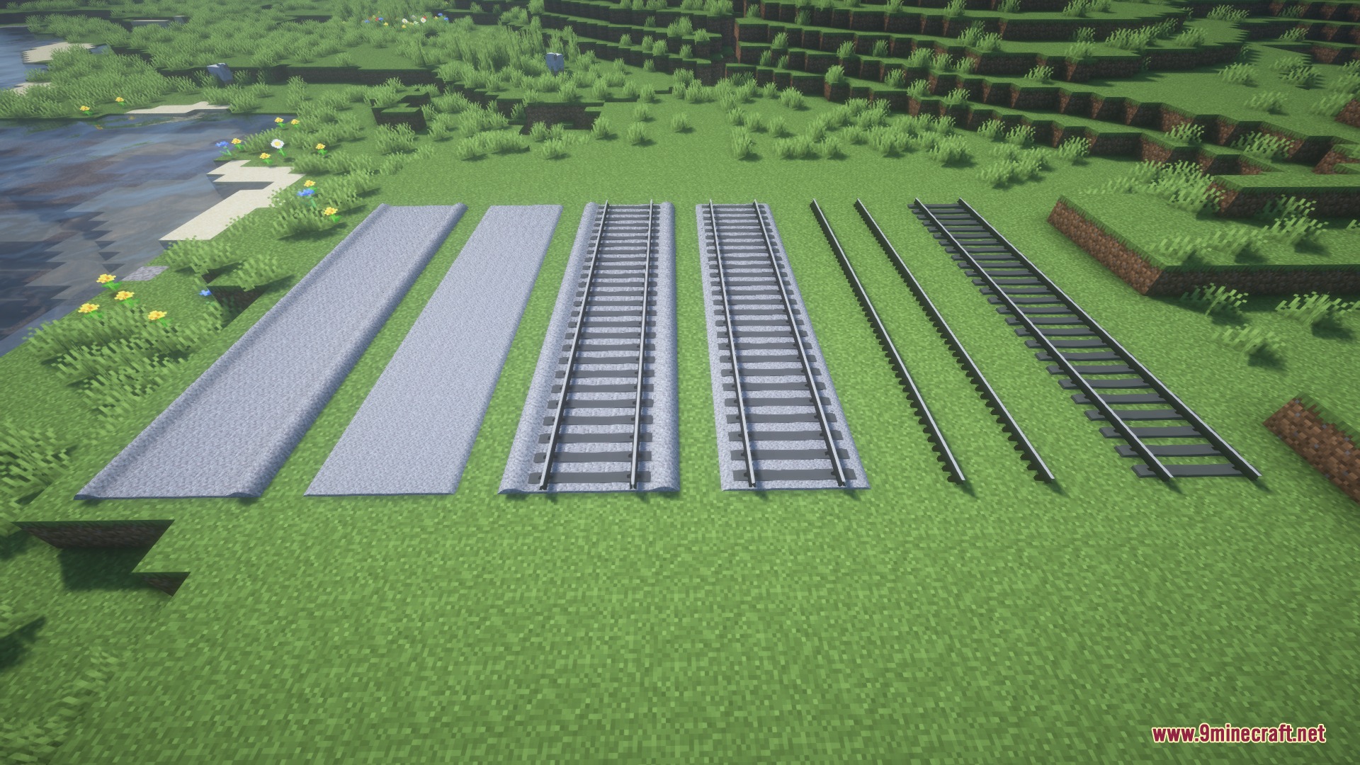 Bharat Rail Transit Resource Pack Screenshot 3 Various realistic railway track components and ballast styles displayed on grass
