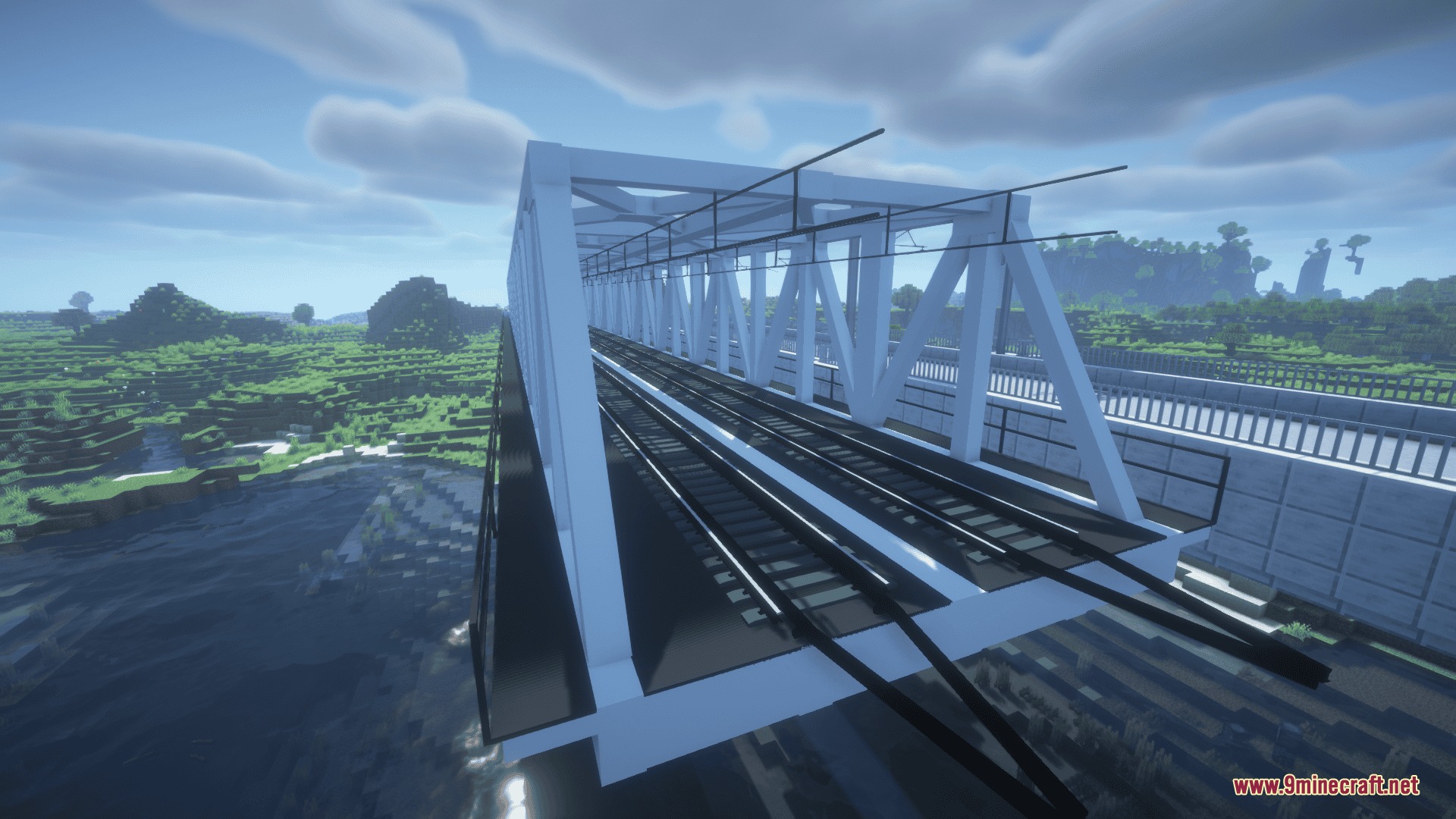 Bharat Rail Transit Resource Pack Screenshot 4 Detailed white metal truss bridge with overhead electrical wires over a river