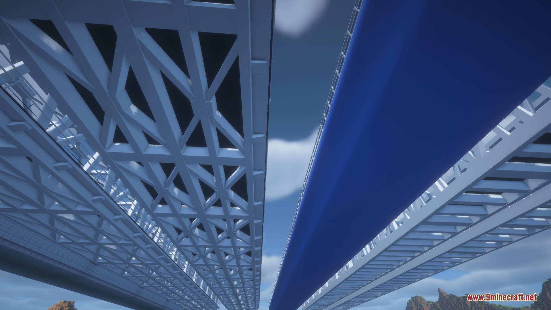 Bharat Rail Transit Resource Pack Screenshot 8 Low angle view showing the detailed white metal truss structures of railway bridges