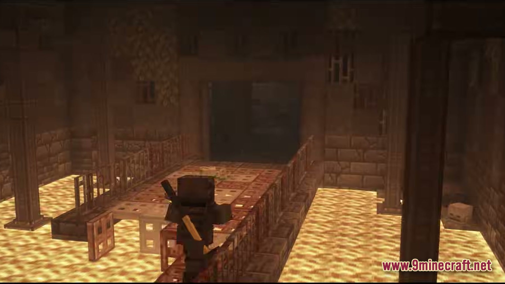 A player character stands on a stone walkway above a floor of glowing lava blocks