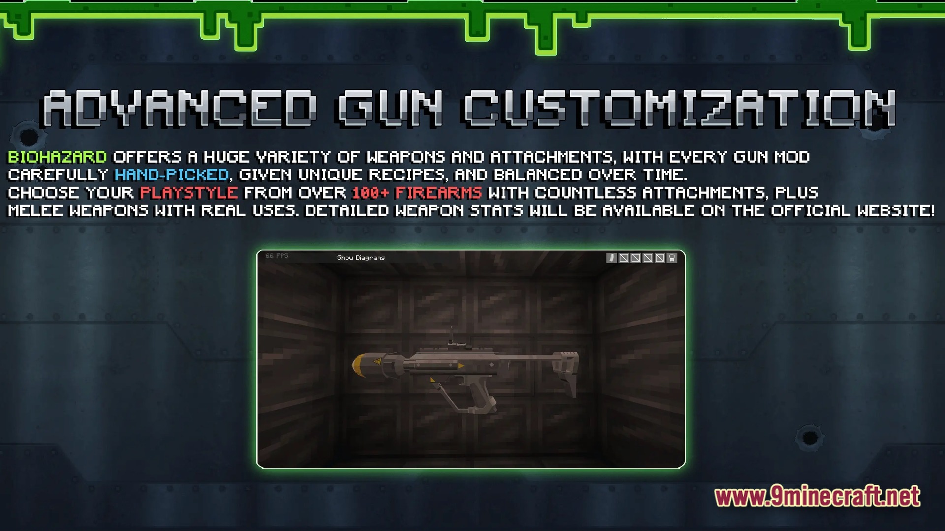 A 3D firearm model displayed within a customization interface featuring various attachment slots and weapon statistics