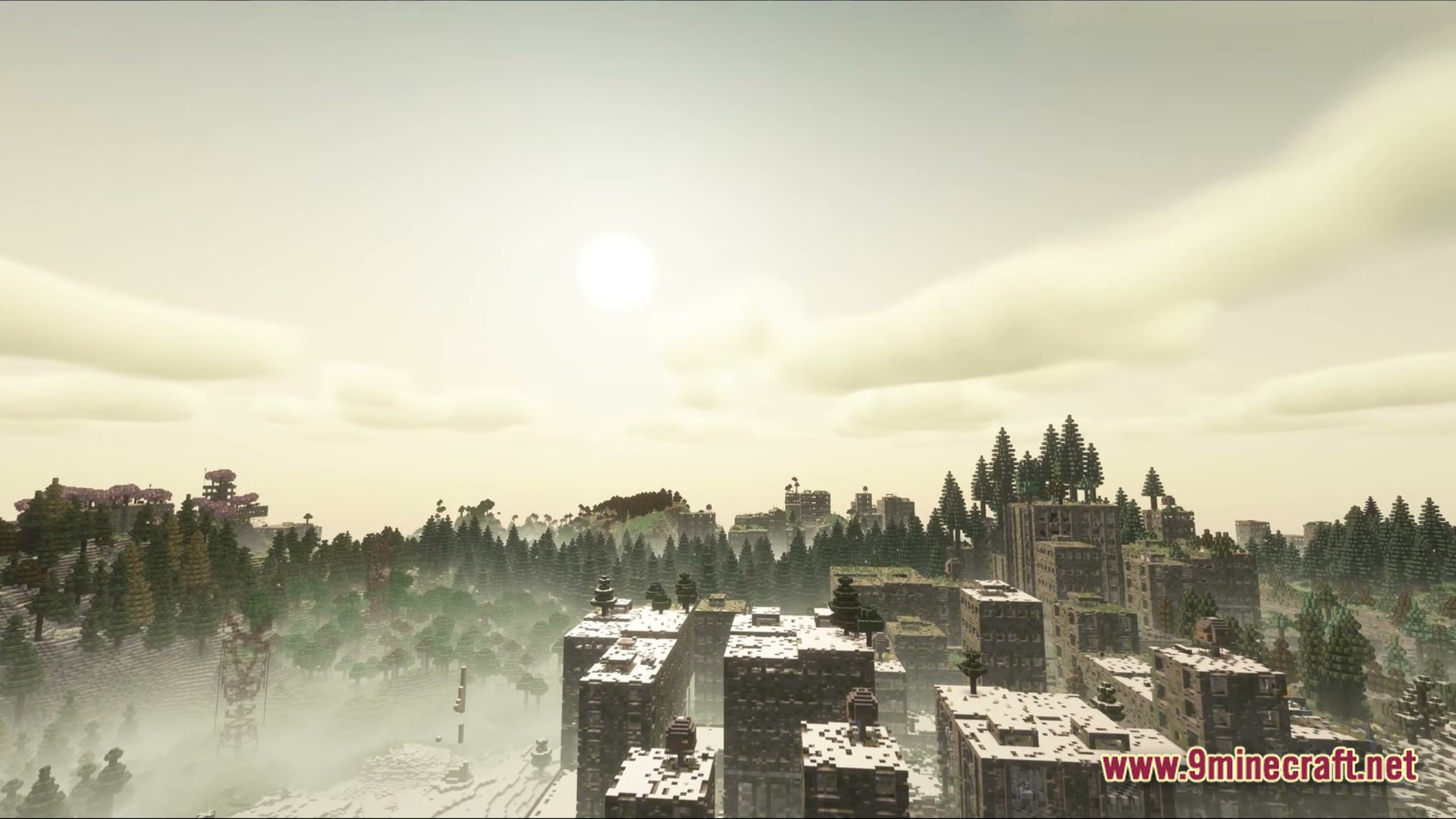 Abandoned urban buildings and overgrown skyscrapers sit within a foggy, forested post-apocalyptic landscape