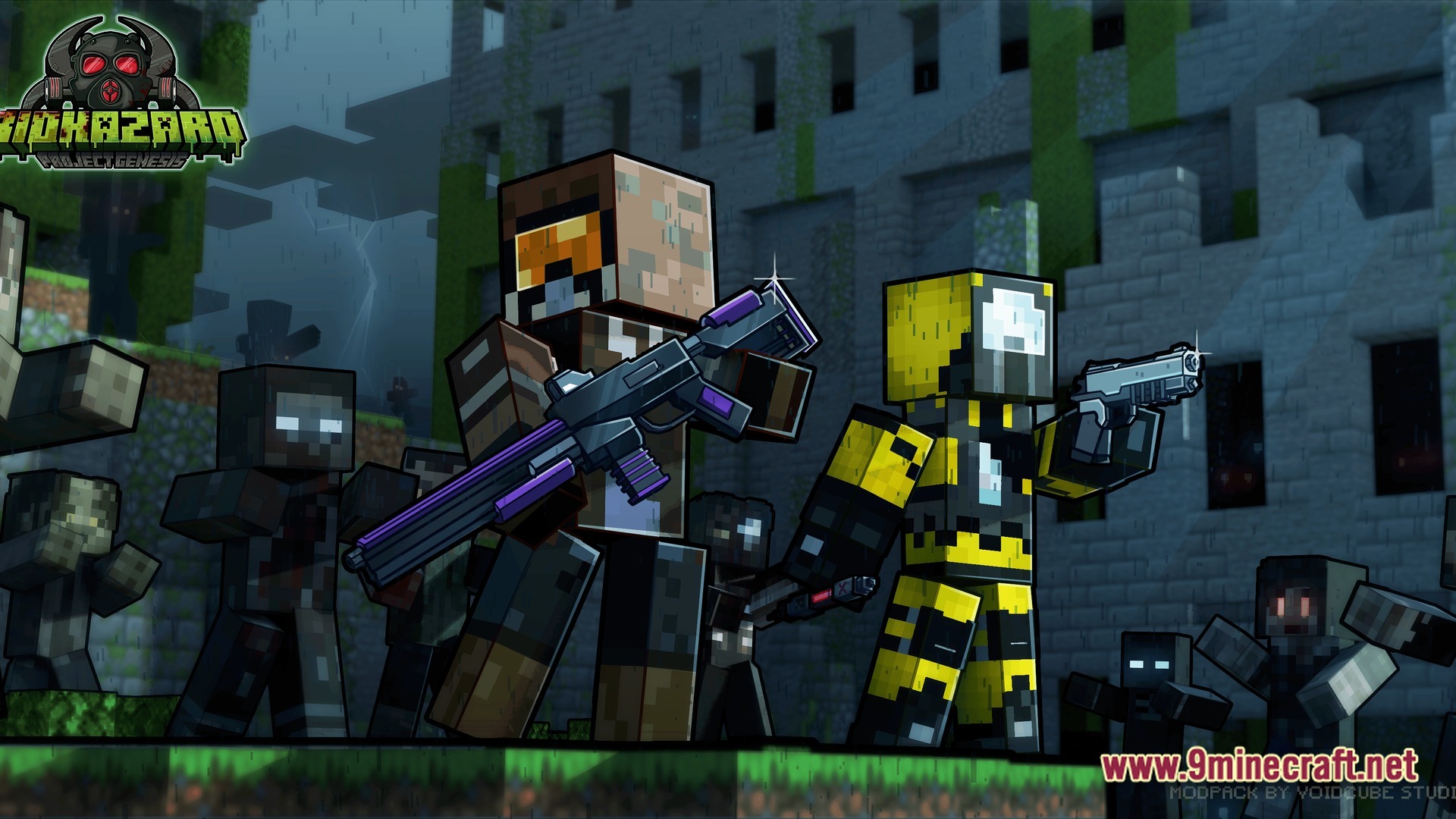 Two players in protective suits fight hostile mobs with firearms near a large stone structure