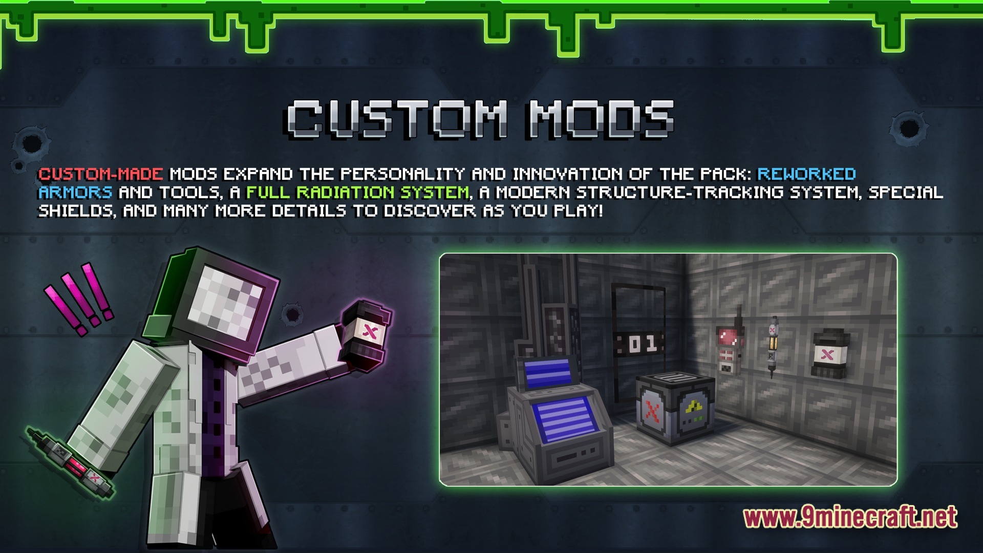 A laboratory setting featuring custom machinery, computer terminals, and various scientific equipment from the modpack