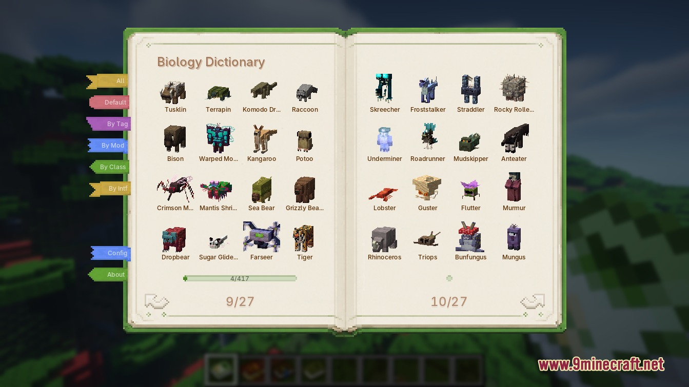 Biology Dictionary Mod Screenshot 1 Biology Dictionary interface displaying a collection of custom mobs and their names