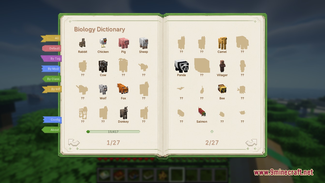 Biology Dictionary Mod Screenshot 2 Tracking discovery progress of vanilla mobs with silhouettes for undiscovered creatures