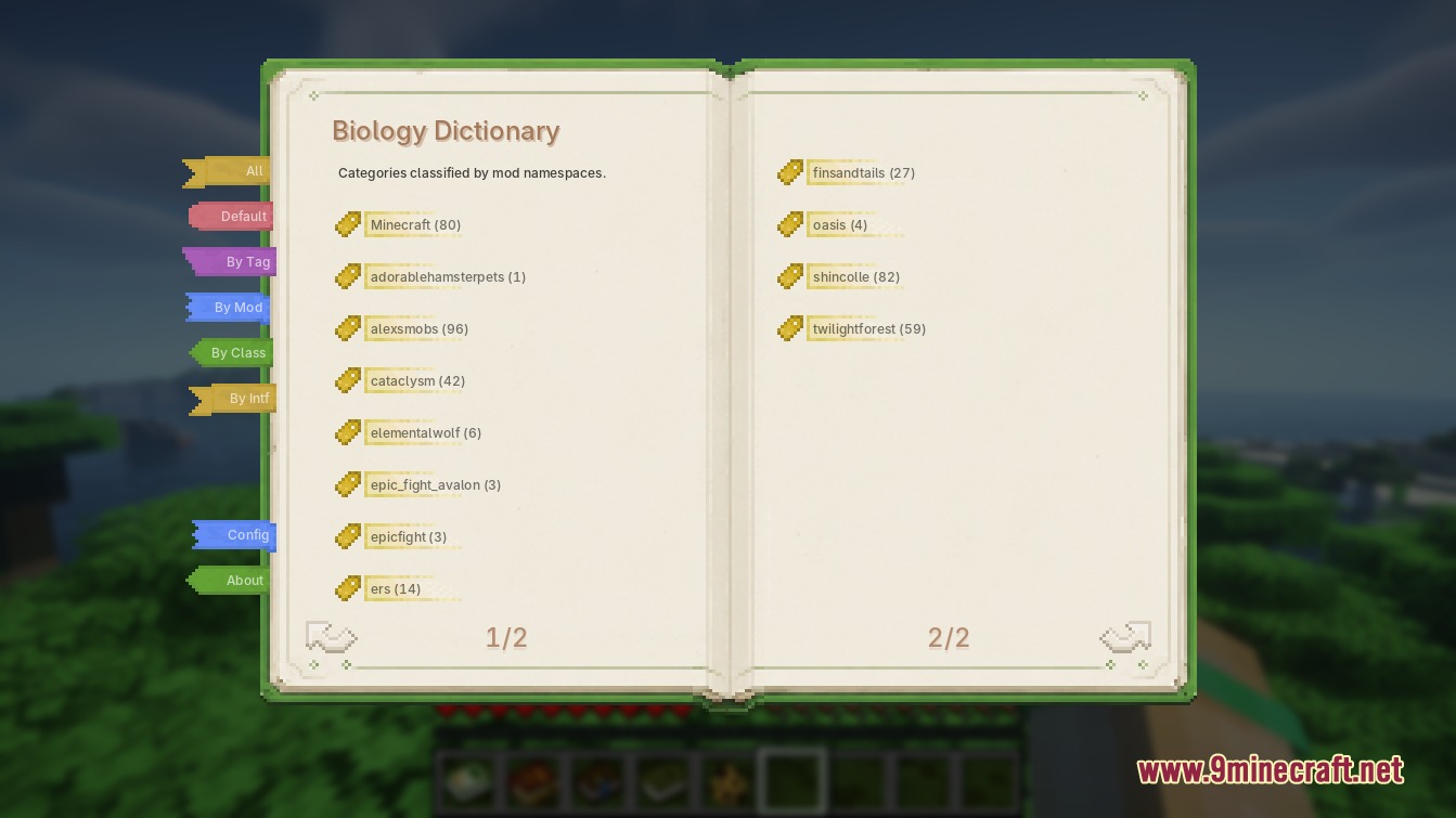 Biology Dictionary Mod Screenshot 3 Biology Dictionary menu listing creature categories classified by various mod namespaces