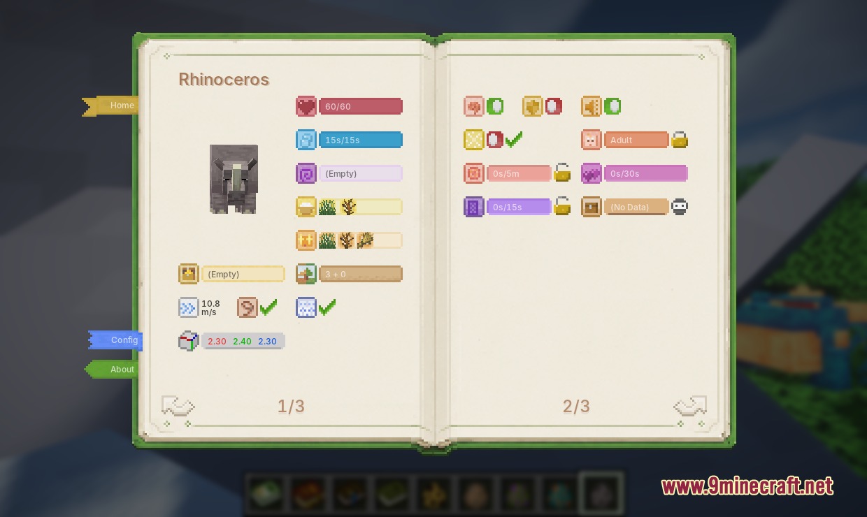 Biology Dictionary Mod Screenshot 4 Detailed statistics and habitat information for a rhinoceros in the encyclopedia