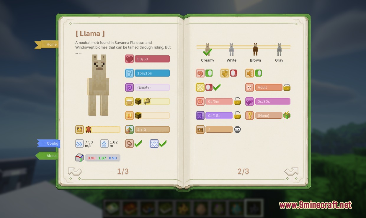 Biology Dictionary Mod Screenshot 5 Biology Dictionary book displaying detailed statistics and variants for a llama