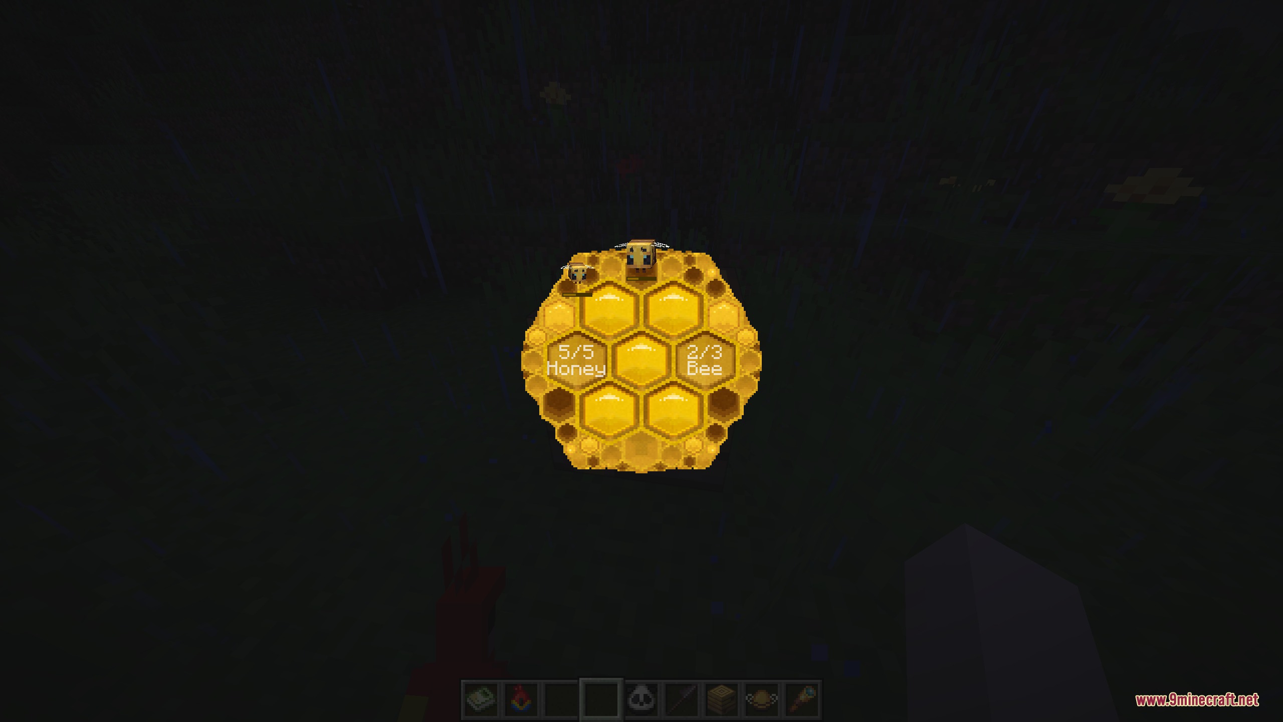 Biology Dictionary Mod Screenshot 8 A custom honeycomb menu displays the honey level and bee count of a hive