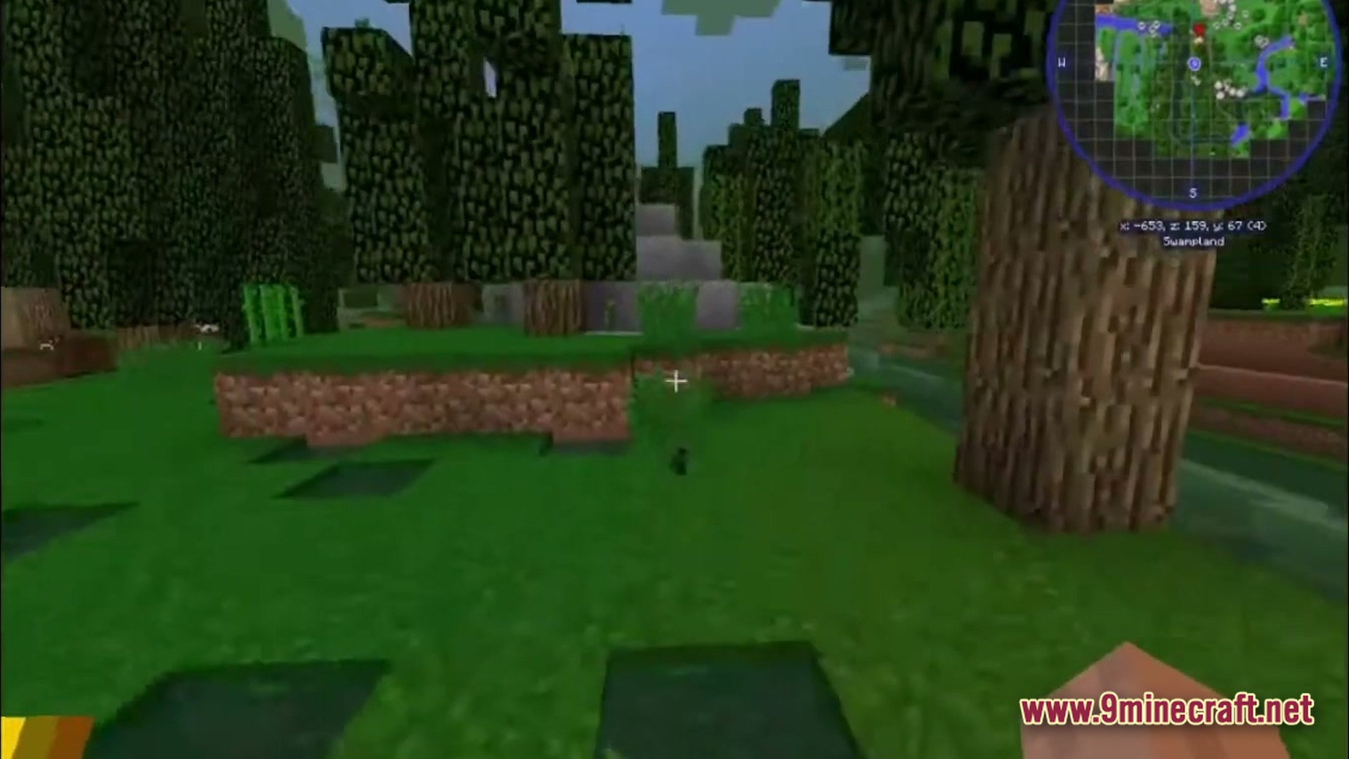 Biomes And Dungeons BAD RPG & Magic Modpack Screenshot 1 A player explores a swamplands biome featuring dense trees, water pools, and a circular minimap interface