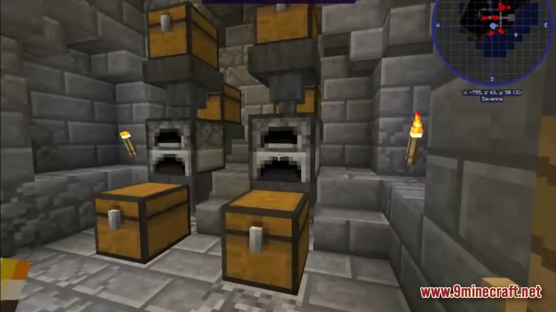 Biomes And Dungeons BAD RPG & Magic Modpack Screenshot 2 An automated smelting system featuring furnaces, hoppers, and chests inside a stone brick structure