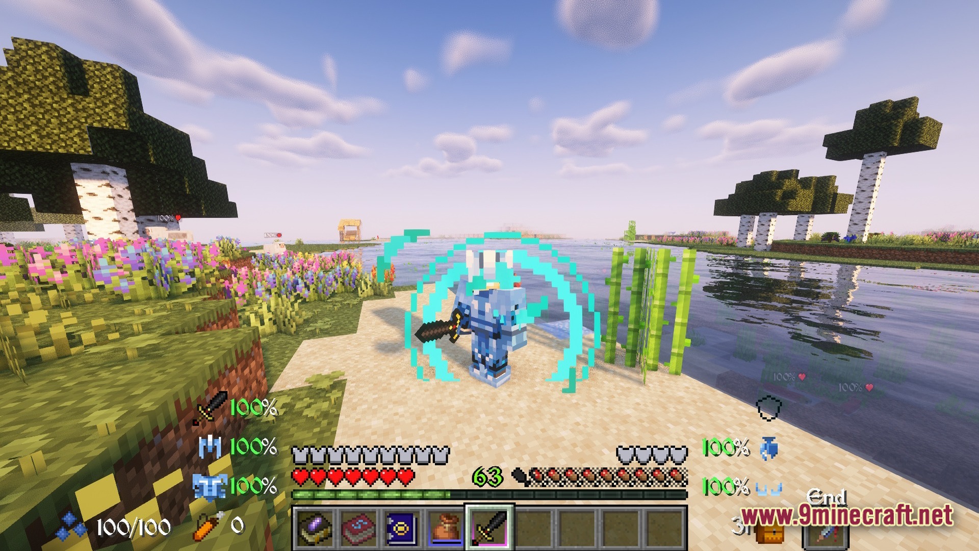 Biomes And Dungeons BAD RPG & Magic Modpack Screenshot 4 A player in magical armor stands on a beach with a custom RPG heads-up display