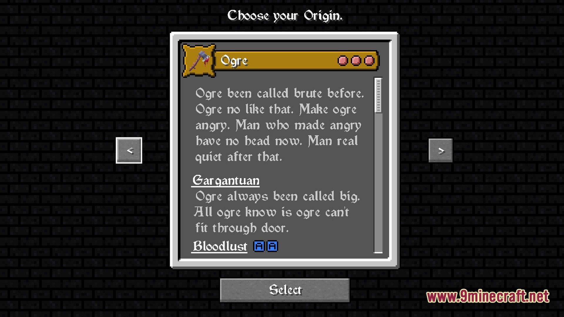Biomes And Dungeons BAD RPG & Magic Modpack Screenshot 6 The character creation screen displays the Ogre origin with its specific lore, traits, and abilities