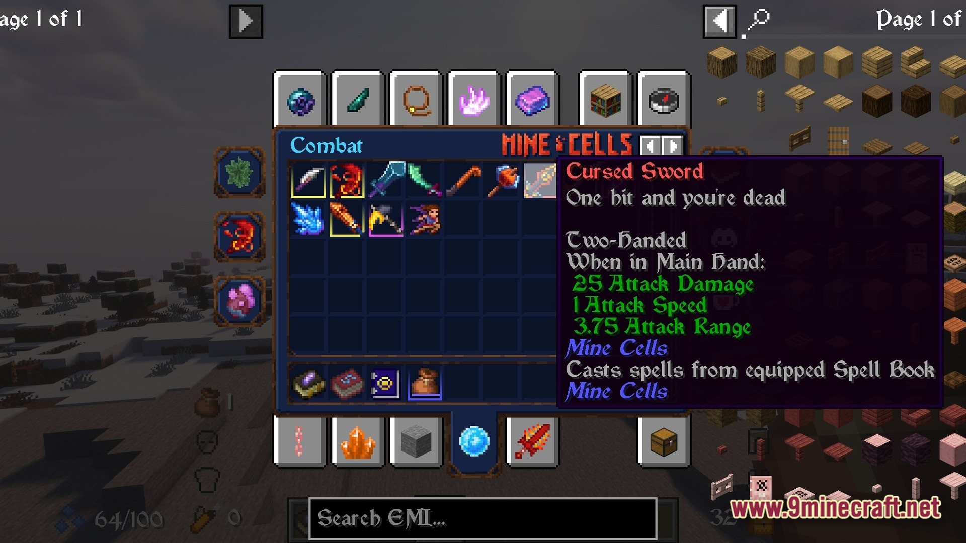 Biomes And Dungeons BAD RPG & Magic Modpack Screenshot 8 The combat inventory menu displaying stats for a Cursed Sword from the Mine Cells mod