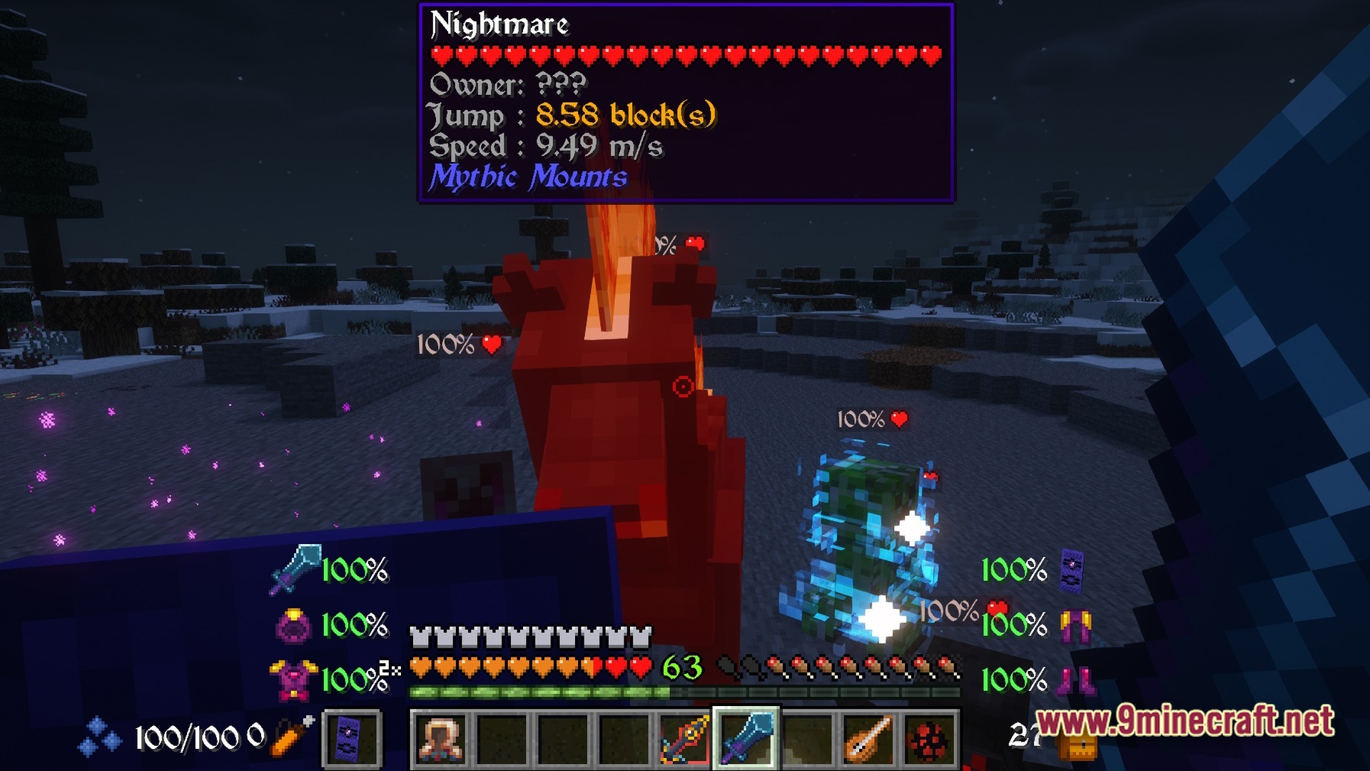 Biomes And Dungeons BAD RPG & Magic Modpack Screenshot 9 A player encounters a Nightmare mount and a charged creeper in a snowy nighttime biome