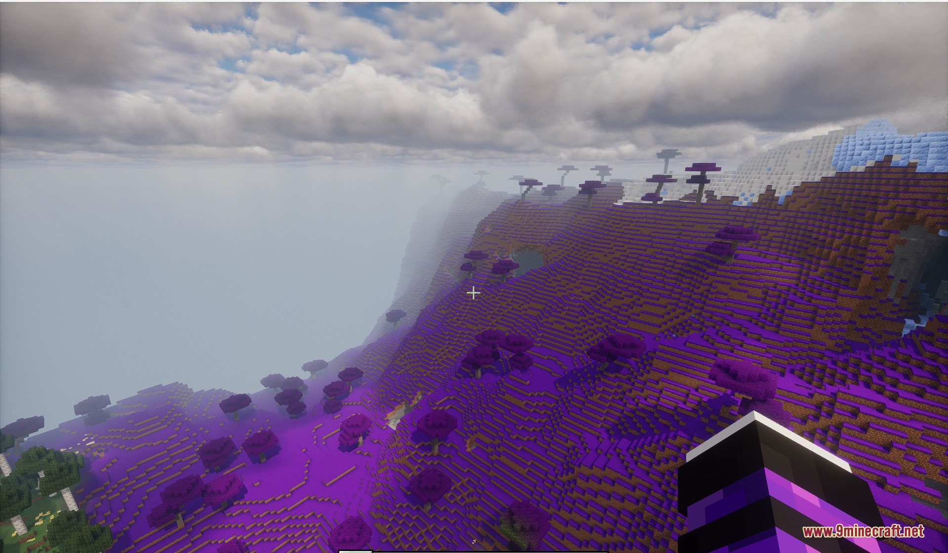 Biomes of Overworld Mod Screenshot 2 Player overlooking a vast landscape covered in vibrant purple grass and trees