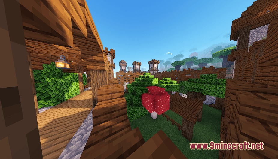 Biomesque Relics Mod Screenshot 1 A fortified wooden structure with a red mushroom and lush green leaves
