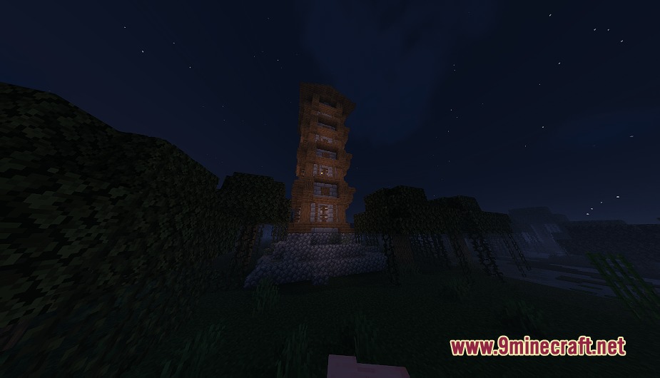 Biomesque Relics Mod Screenshot 3 A tall wooden watchtower stands in a dark forest during the night