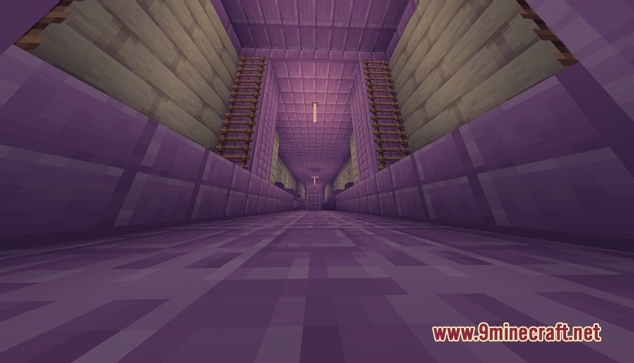 Biomesque Relics Mod Screenshot 4 Interior of a purple purpur structure featuring ladders and a long hallway