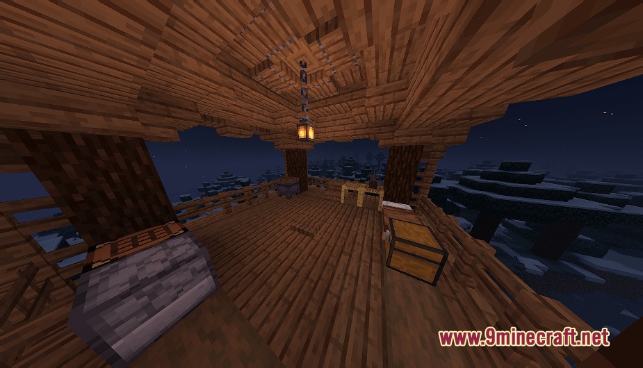 Biomesque Relics Mod Screenshot 5 Cozy interior of a wooden watchtower overlooking a snowy landscape at night