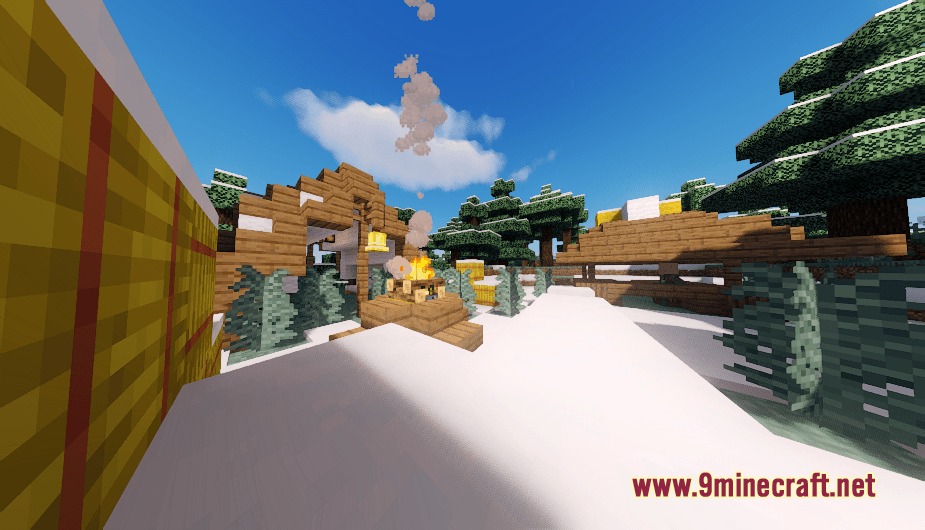 Biomesque Relics Mod Screenshot 7 A peaceful villager camp structure with a campfire in a snowy biome