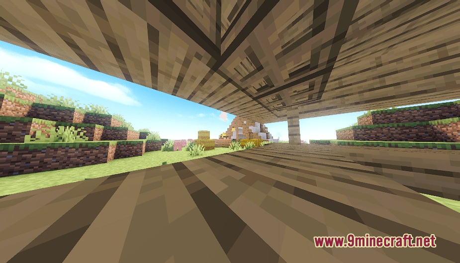 Biomesque Relics Mod Screenshot 8 Looking out from under a wooden bridge at a grassy plains landscape