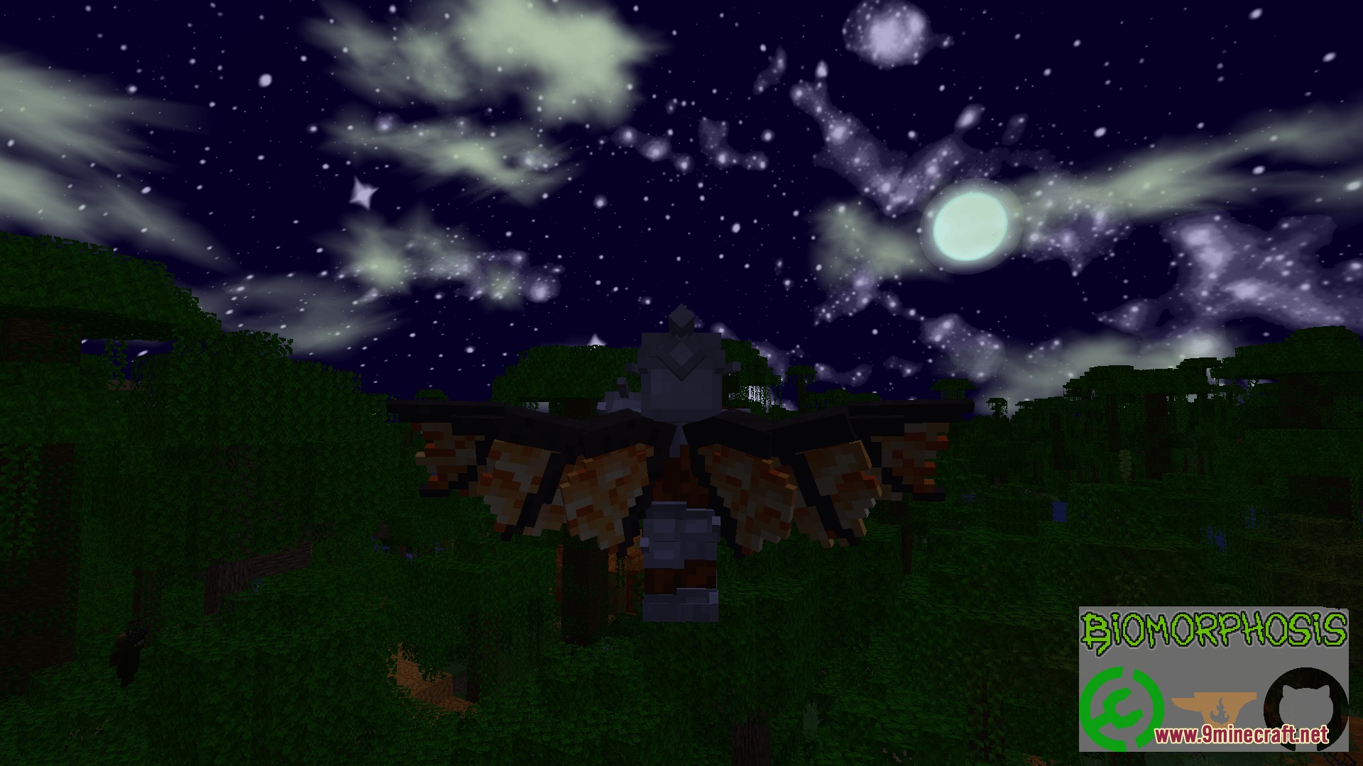 A player wearing Biomorphosis wings glides over a dark forest at night