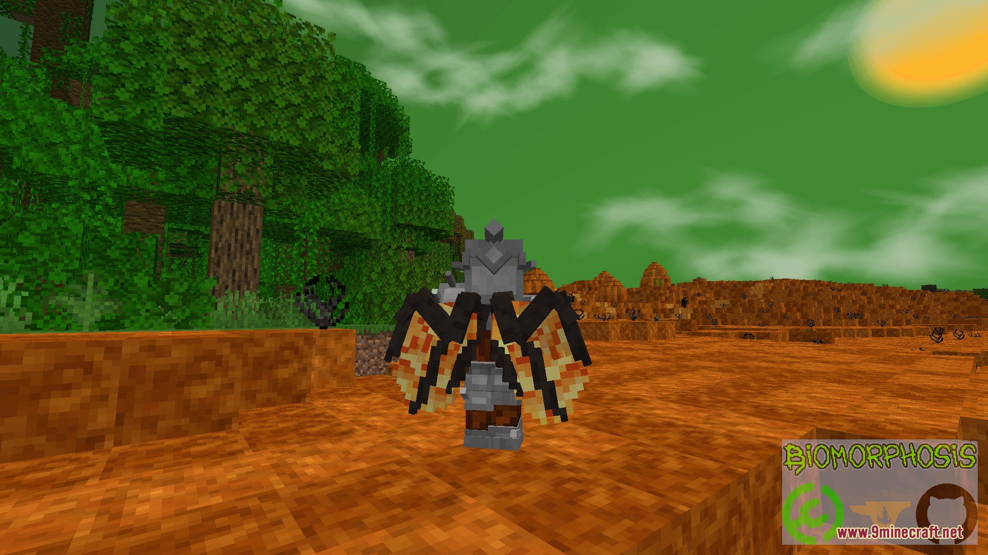 Character with folded insect wings stands in a desert under a green sky