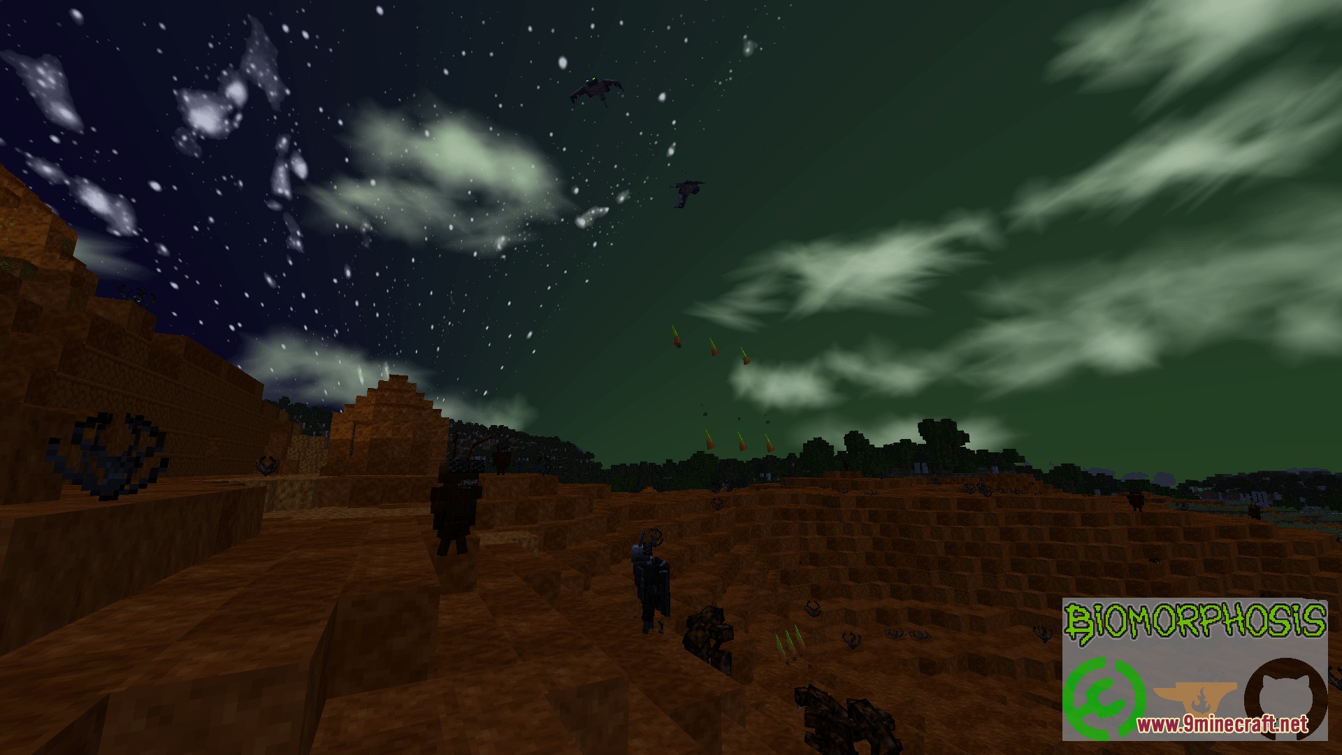 Dark swarm creatures roam a mutated brown landscape under a starry night sky