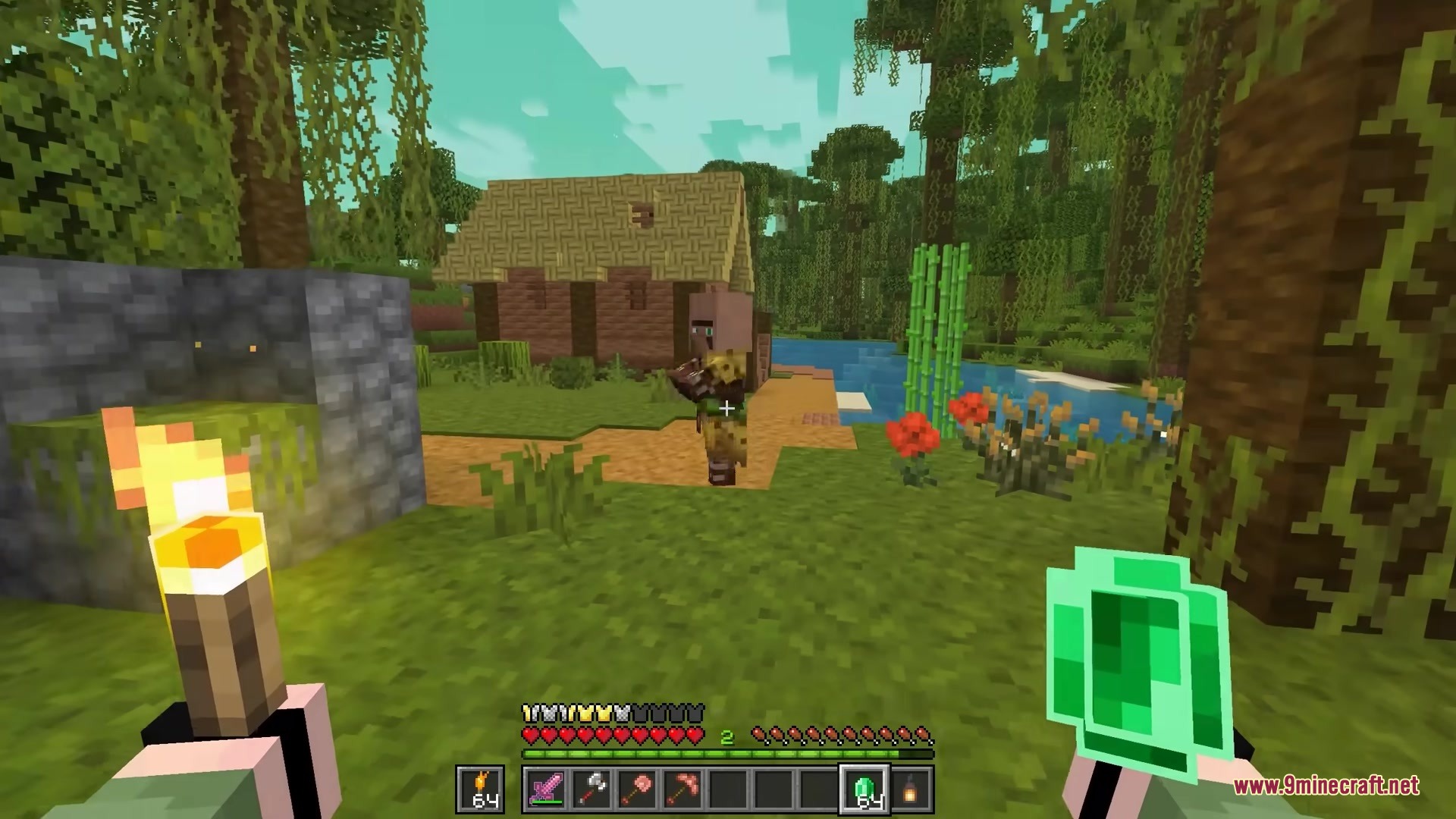 Bits and Balance Mod Screenshot 1 Minecraft player holding an emerald near a villager in a jungle village