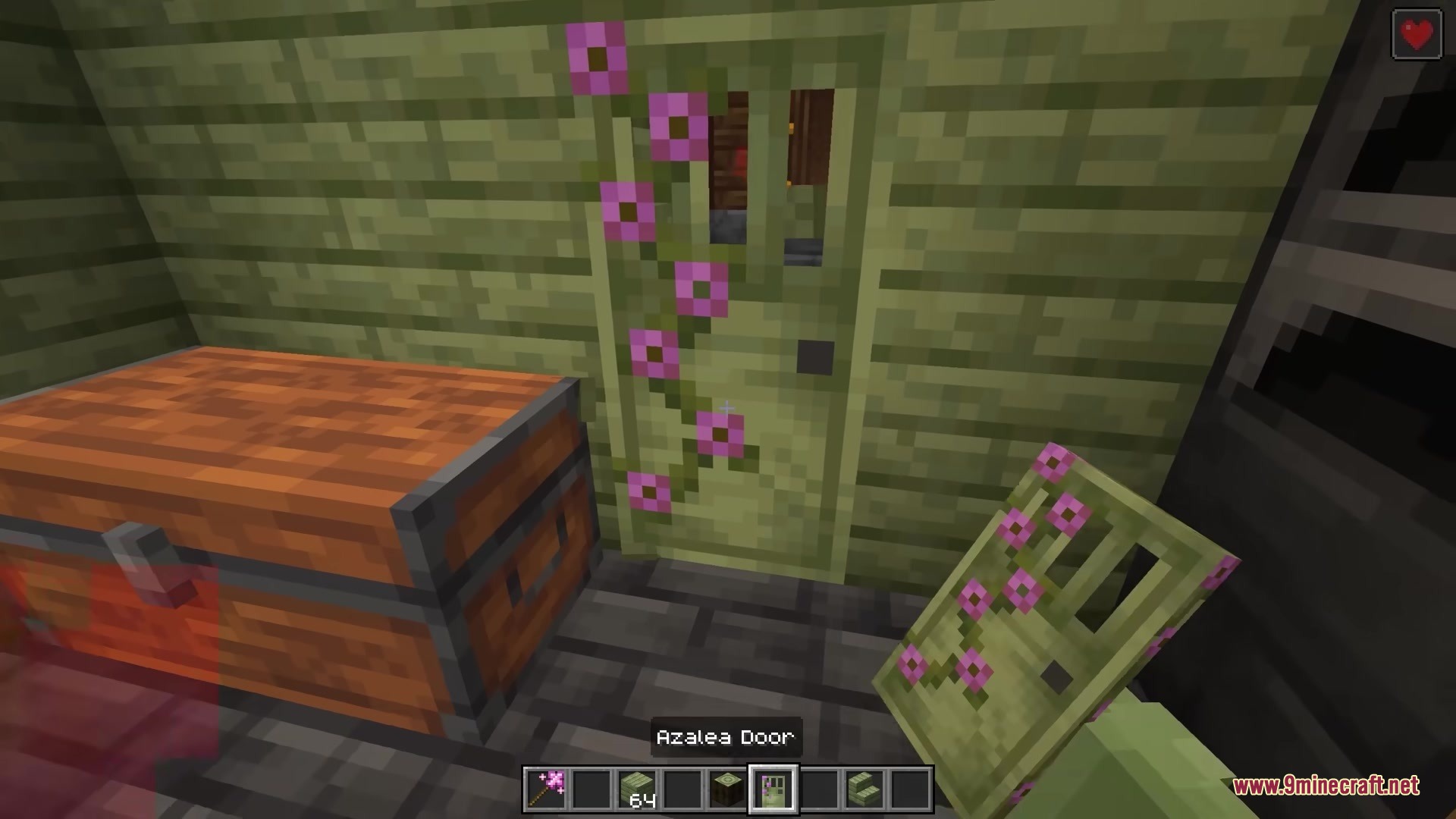 Bits and Balance Mod Screenshot 3 Player holding an Azalea Door item next to a flowery door and chest