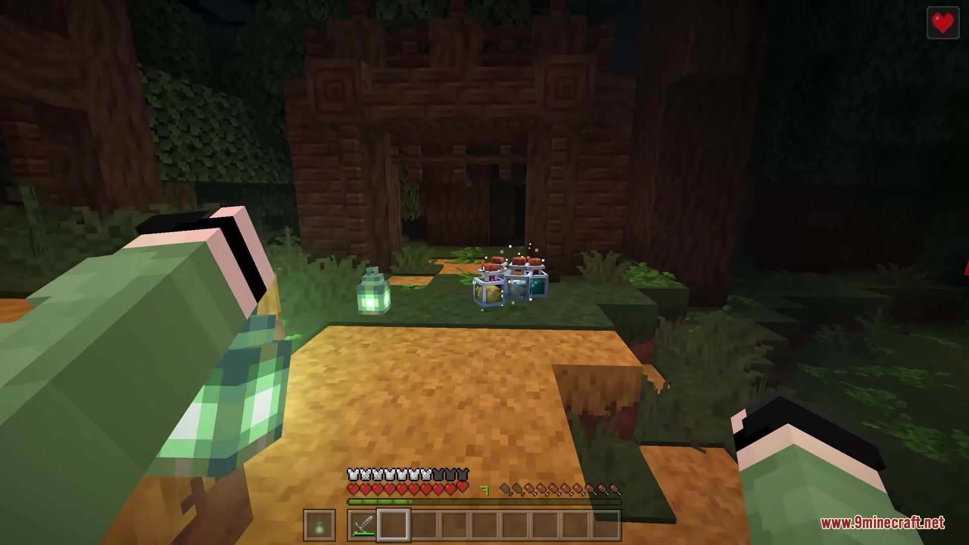 Bits and Balance Mod Screenshot 4 Player holding a lantern near several colorful potion bottles dropped on the grass