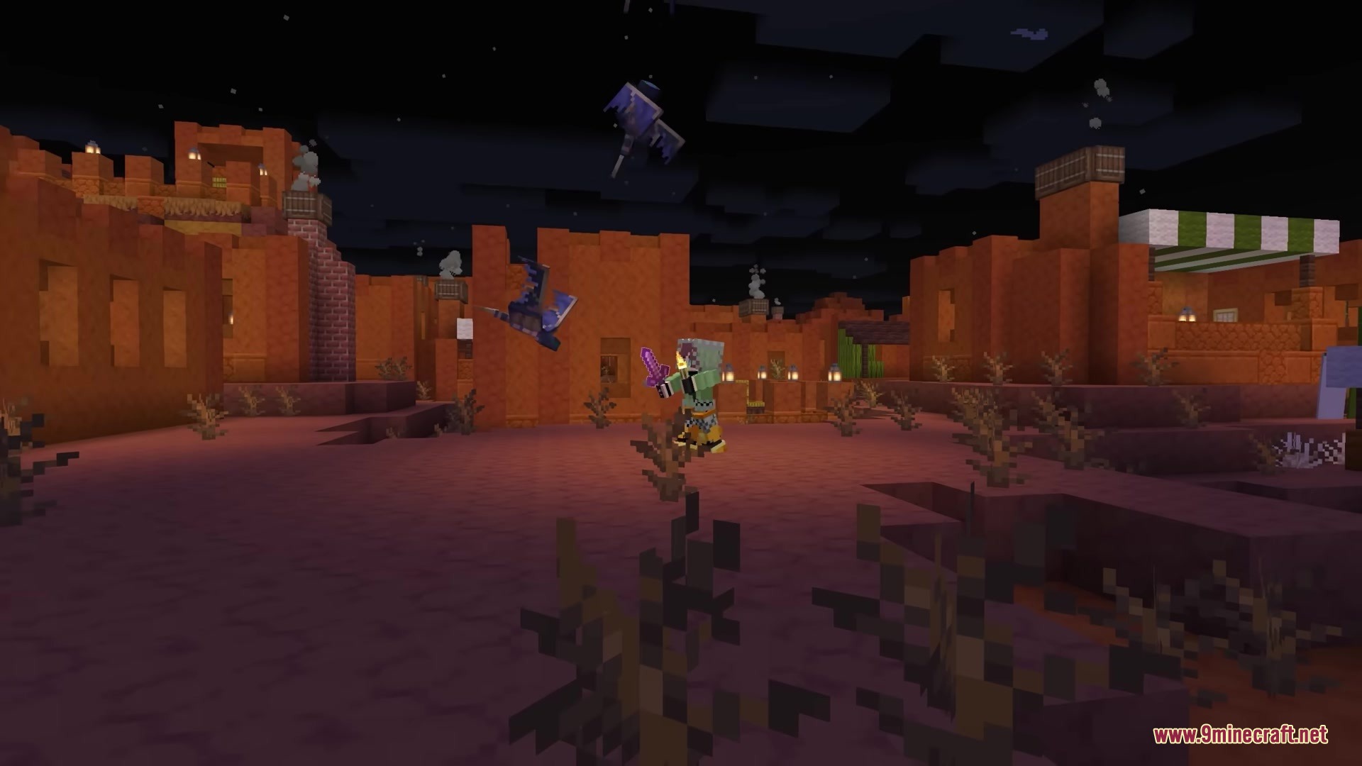 Bits and Balance Mod Screenshot 8 A player fighting Phantoms with a sword in a desert village at night