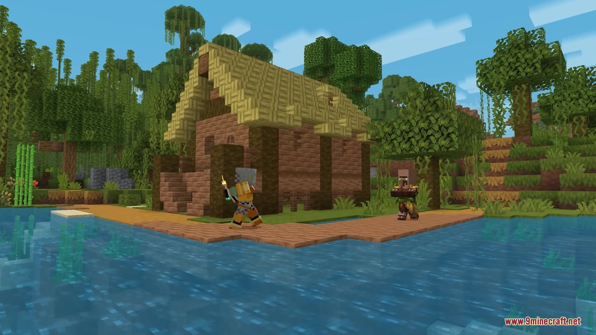Bits and Balance Mod Screenshot 9 A player and a villager stand outside a wooden house in a jungle