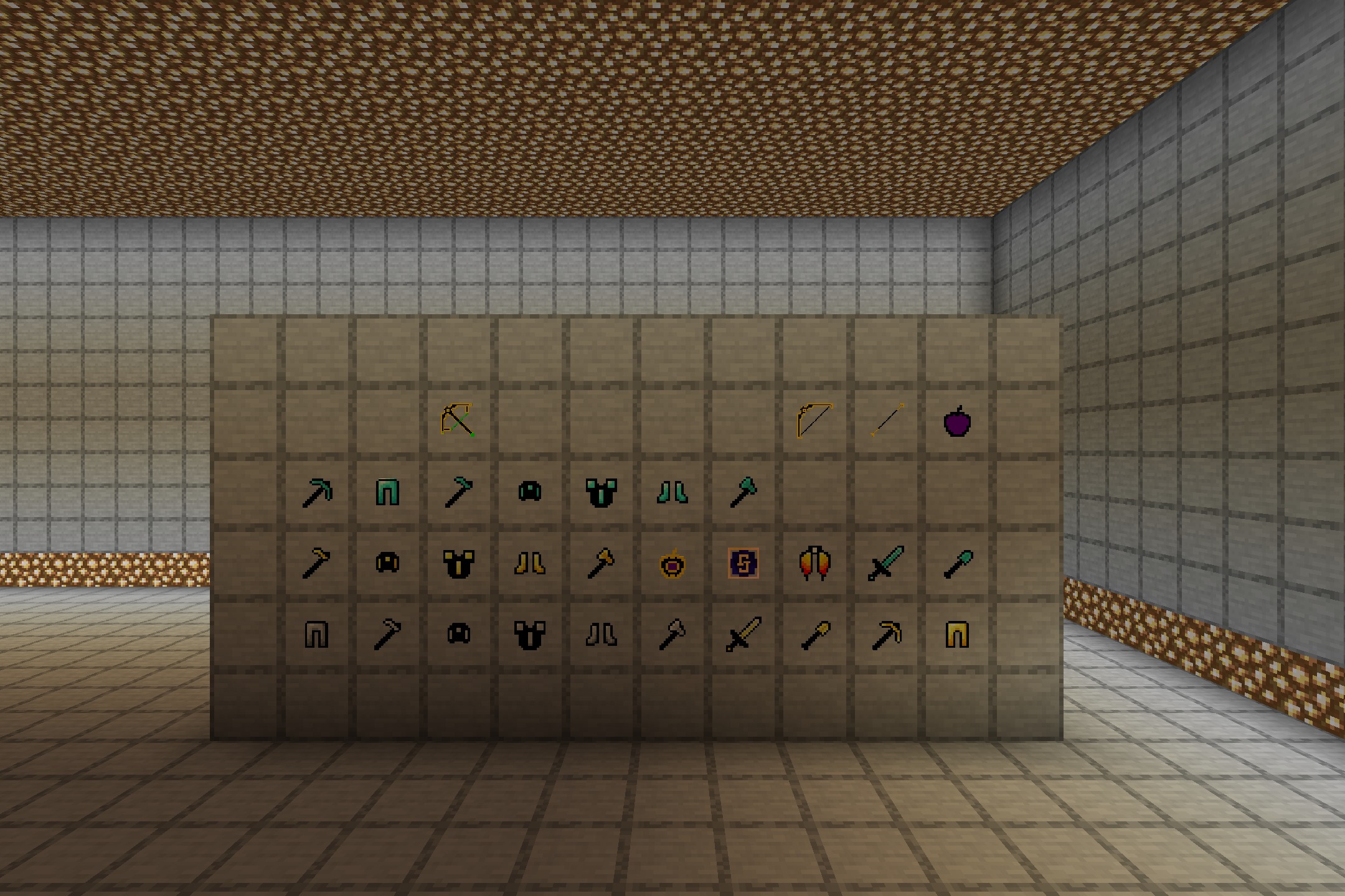 Black Flash PvP Pack Resource Pack Screenshot 1 A wall of item frames displaying dark weapons and armor sets in Minecraft