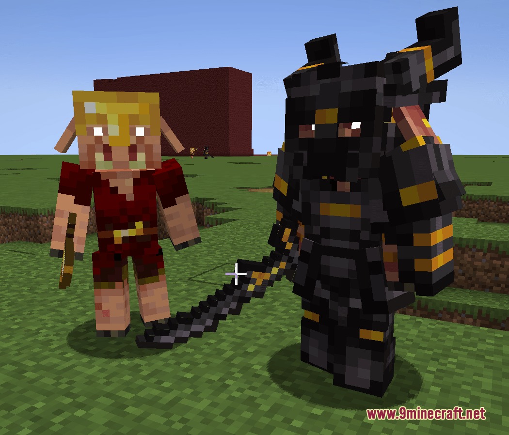 Black Gold Alliance Mod Screenshot 4 A piglin soldier stands beside a heavily armored warrior holding a sword