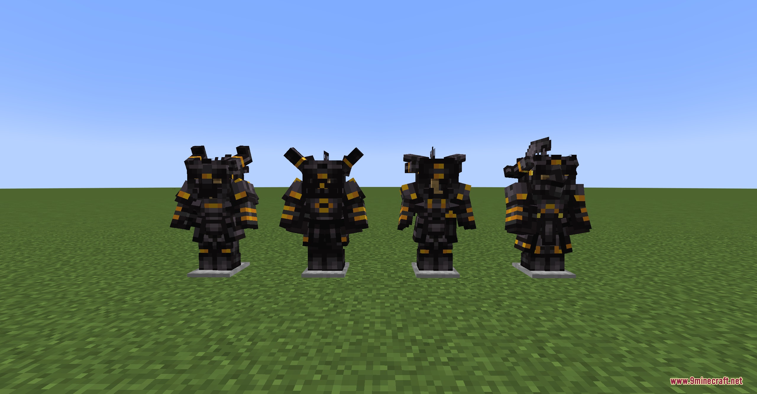 Black Gold Alliance Mod Screenshot 7 Four sets of black and gold armor displayed on stands in Minecraft
