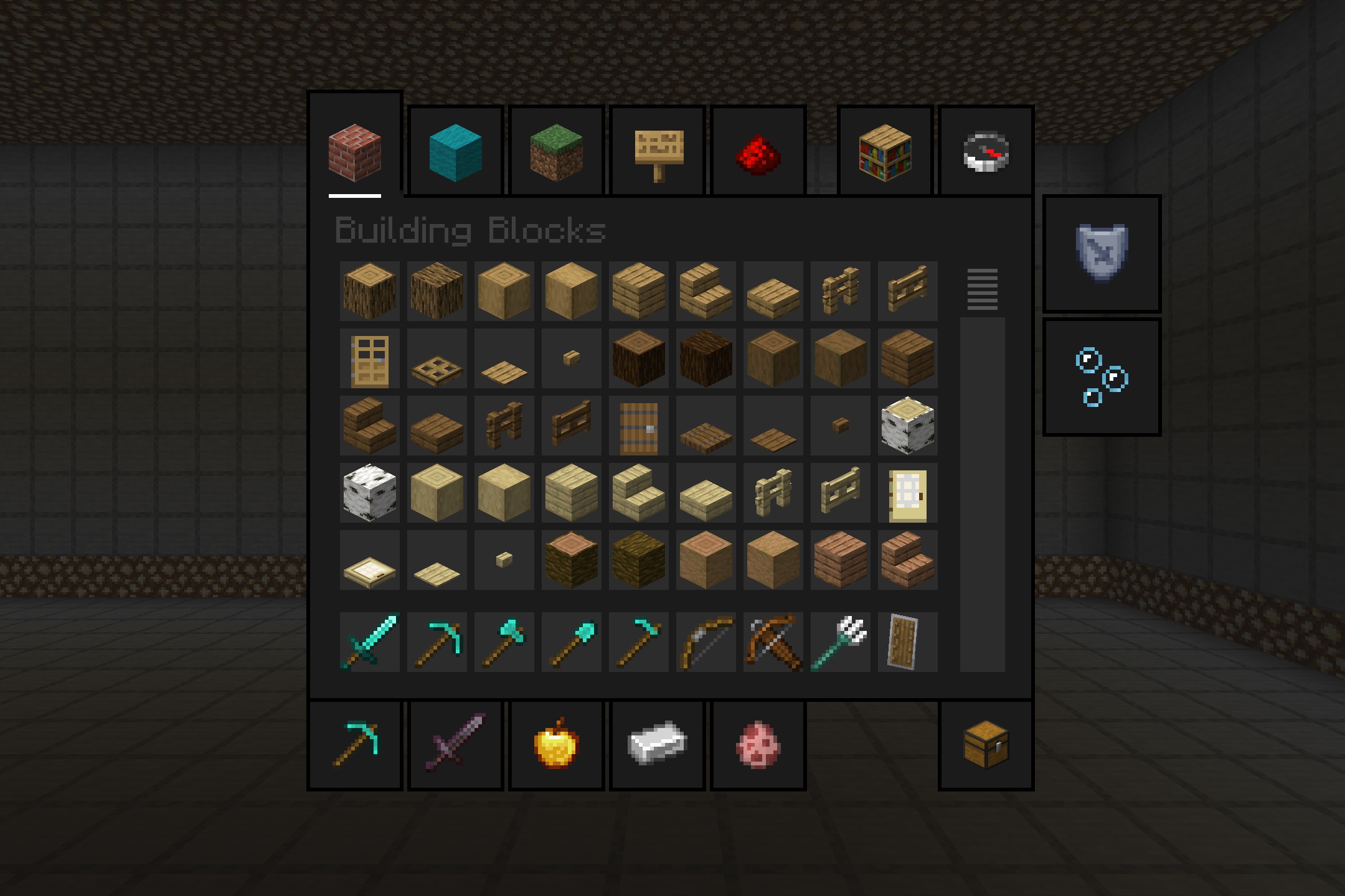Creative inventory menu with a dark theme showing building blocks and tools