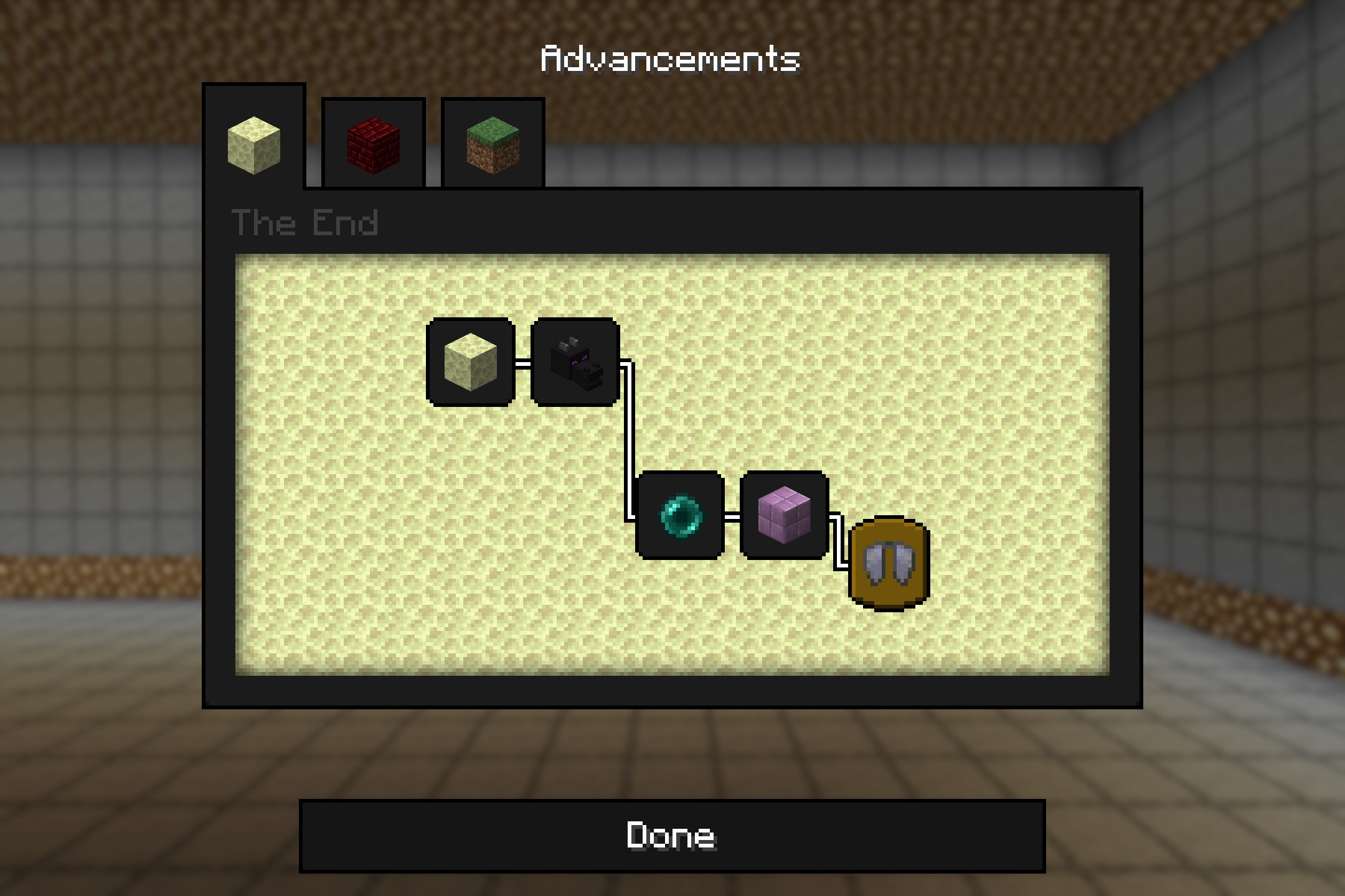 The End advancements screen featuring a dark background and various ender icons