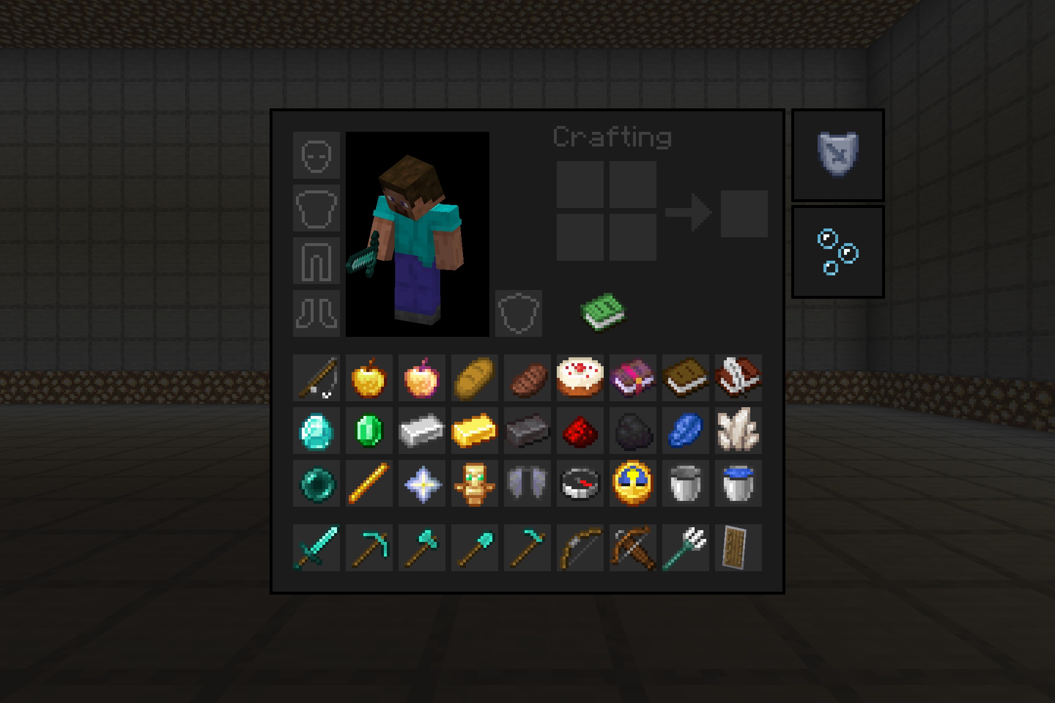 A dark themed Minecraft inventory screen showing the player character and various items