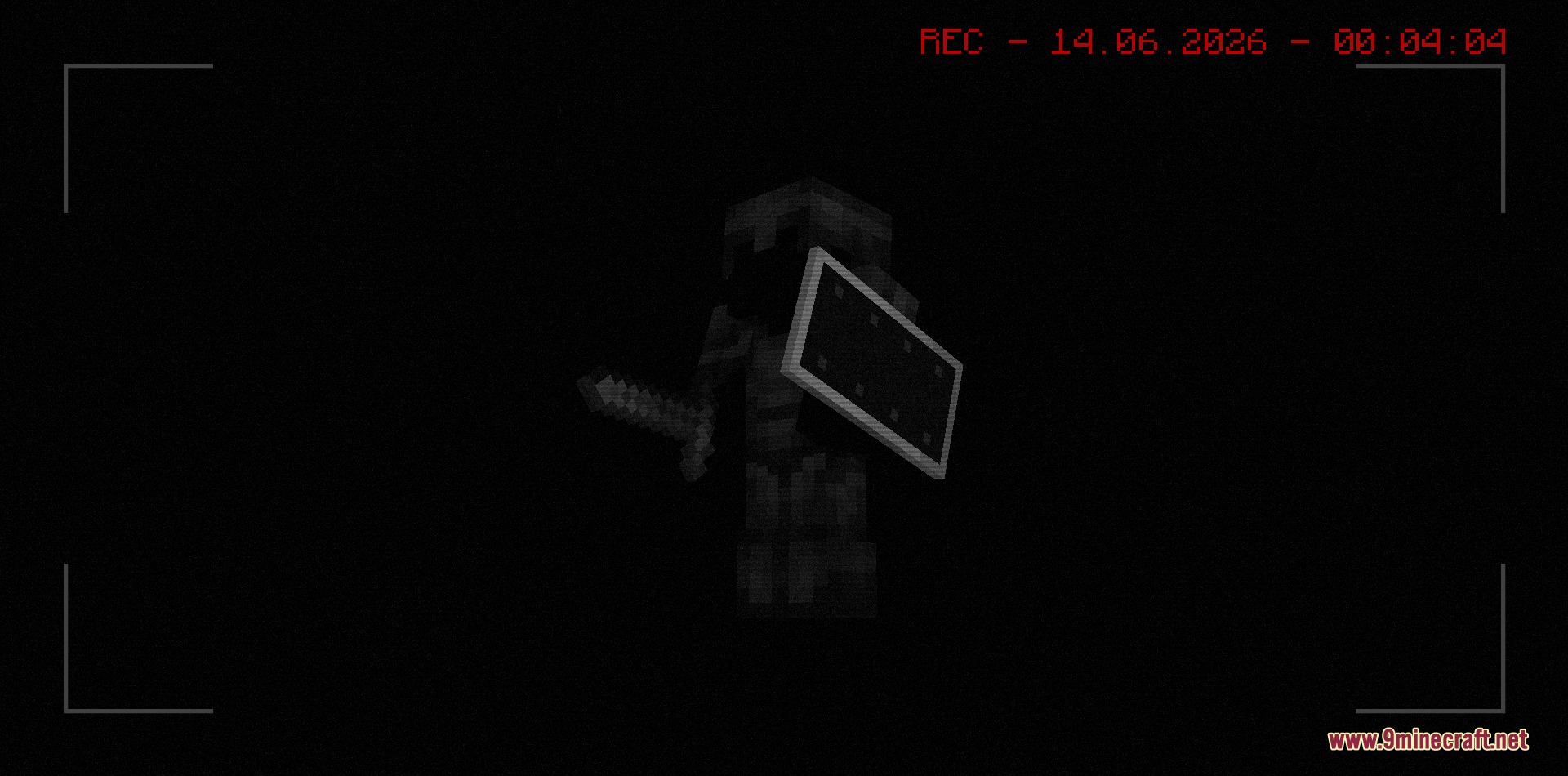 Blackium Resource Pack Screenshot 1 A dark armored Minecraft character holding a sword and shield in a recording